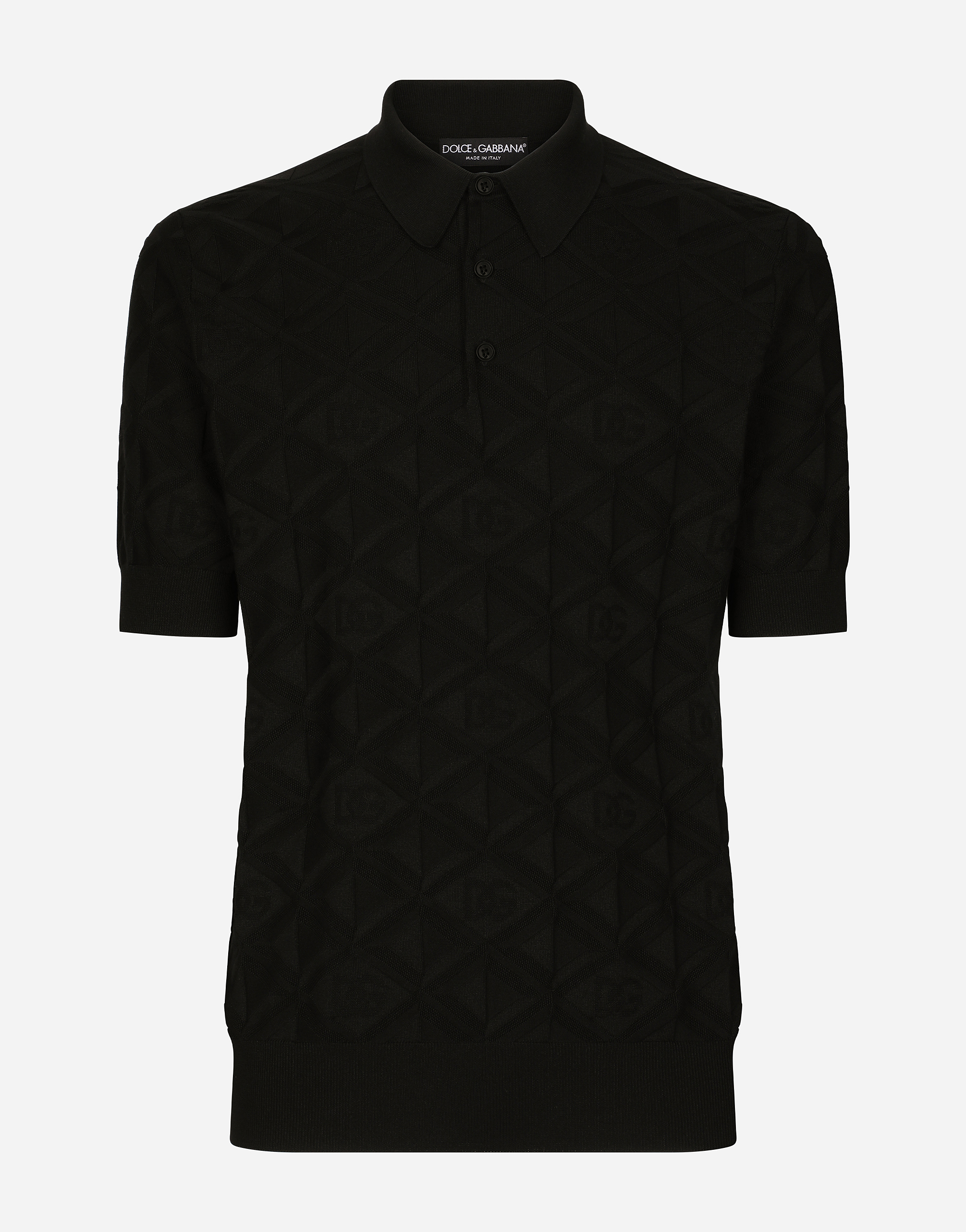 Short-sleeved 3D silk jacquard polo-shirt in Black