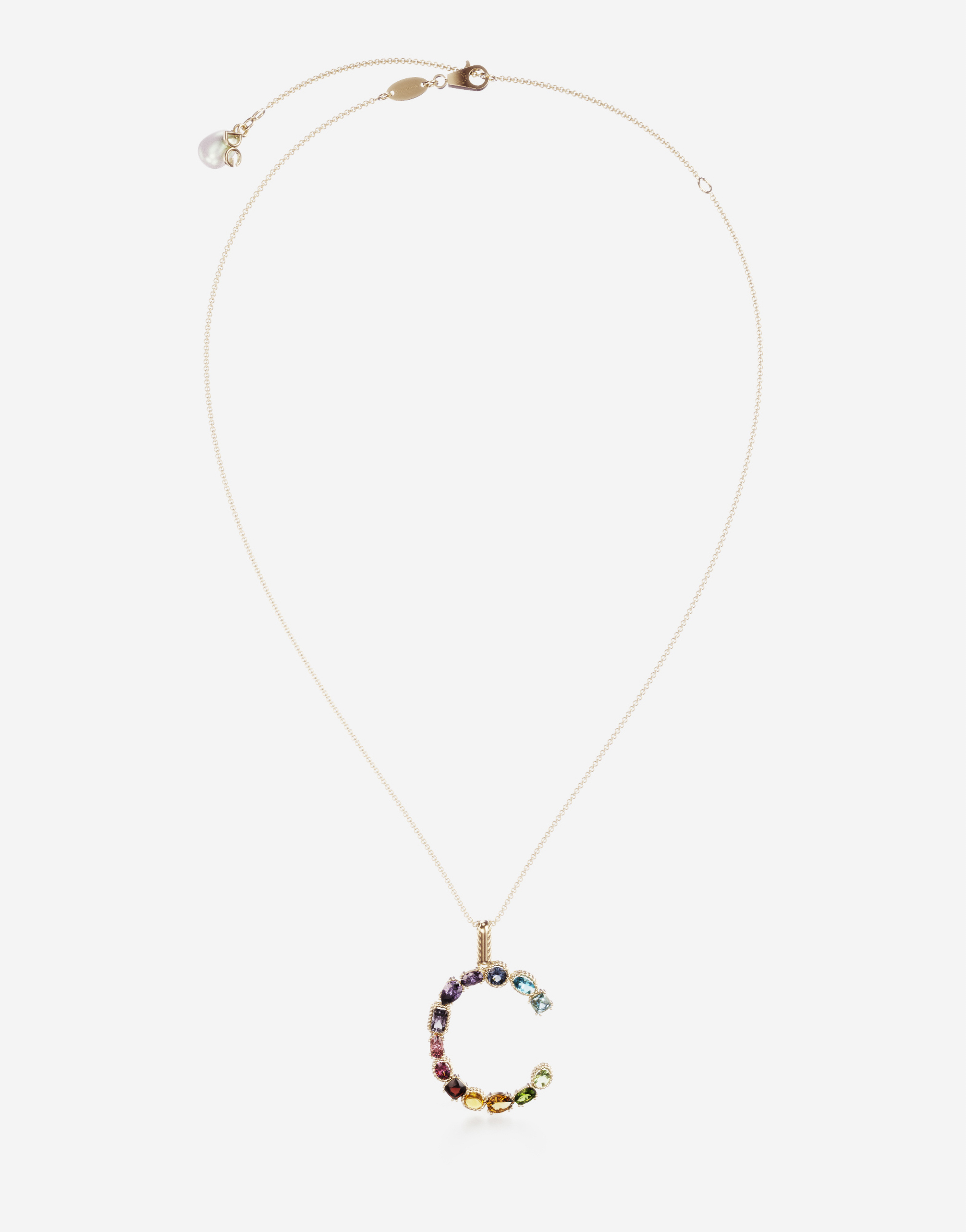 Rainbow alphabet C pendant in yellow gold with multicolor fine gems in Gold