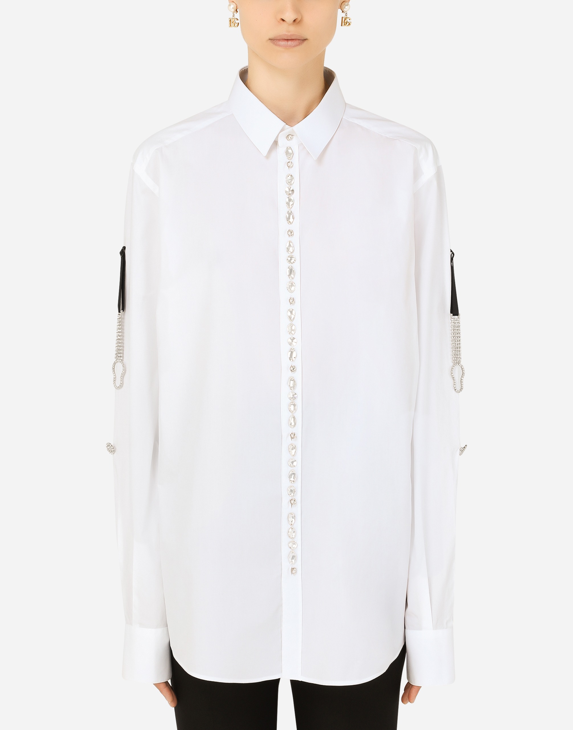 Poplin shirt with bejeweled buttons in White