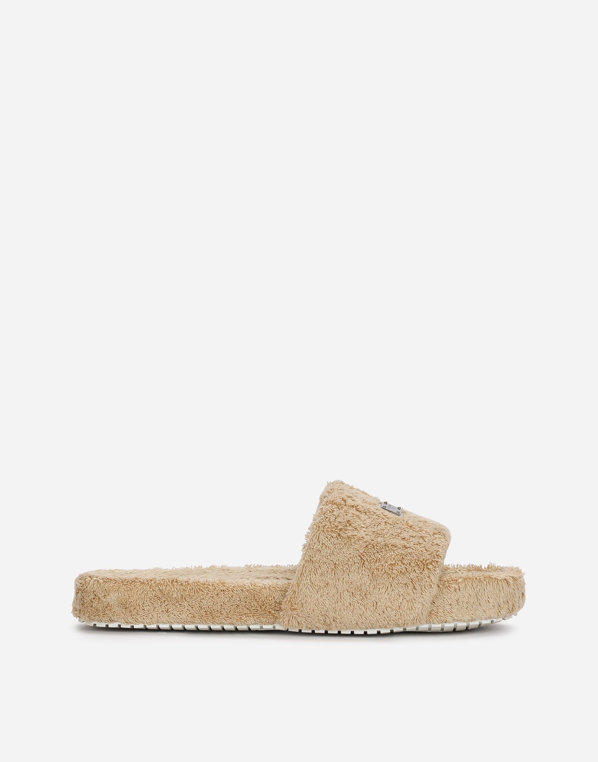 Terrycloth sliders with logo tag in Beige