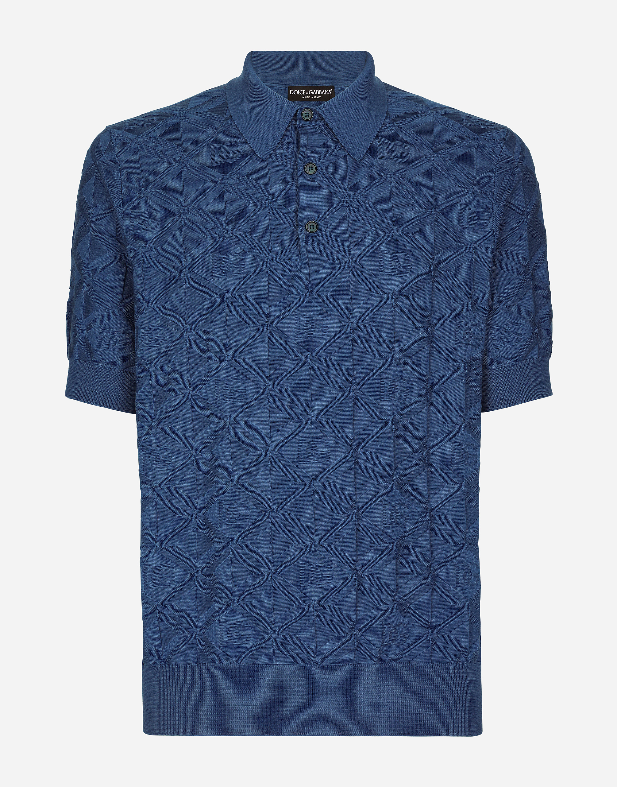 Short-sleeved 3D silk jacquard polo-shirt in Azure