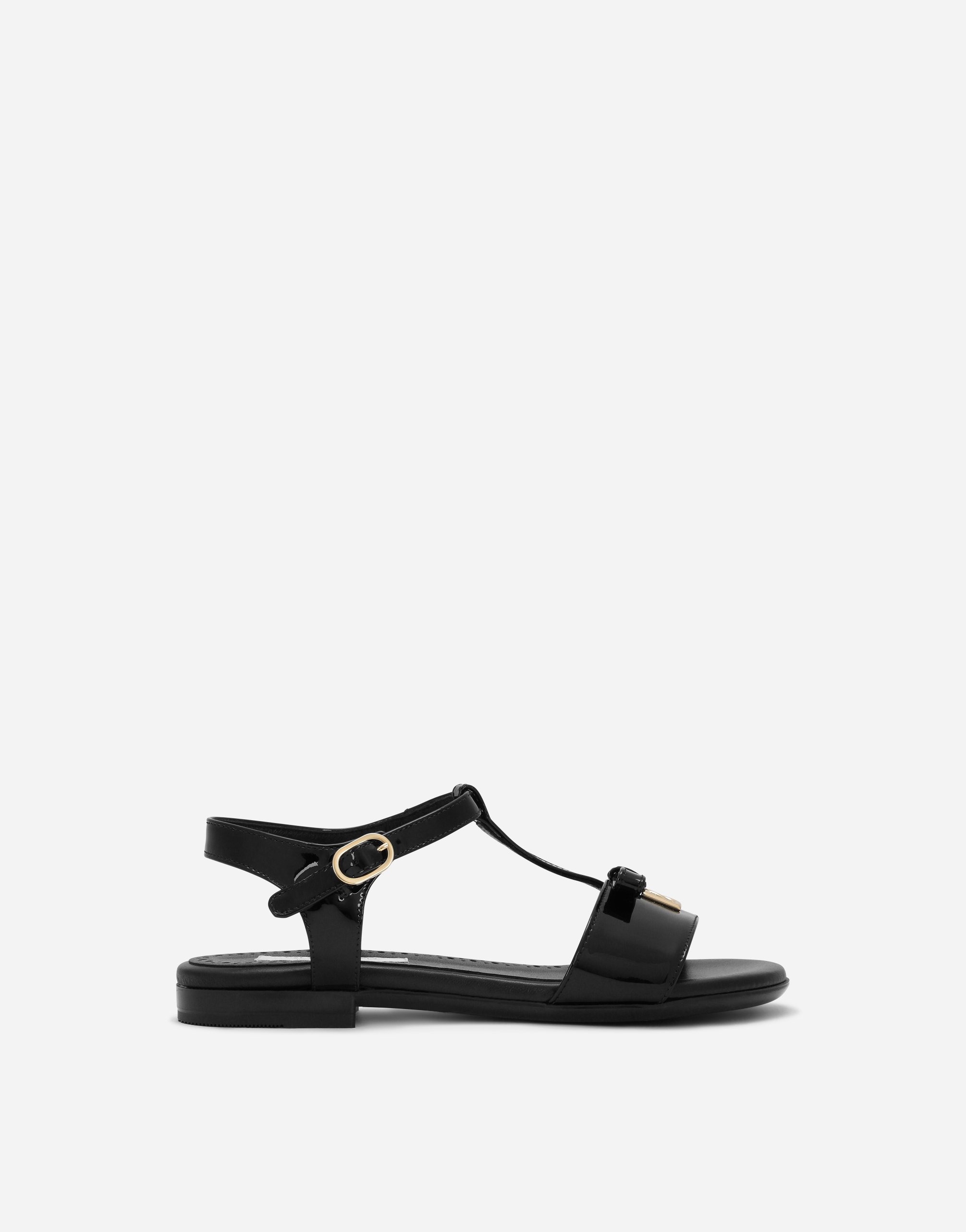 Patent leather sandals with metal DG logo in Black