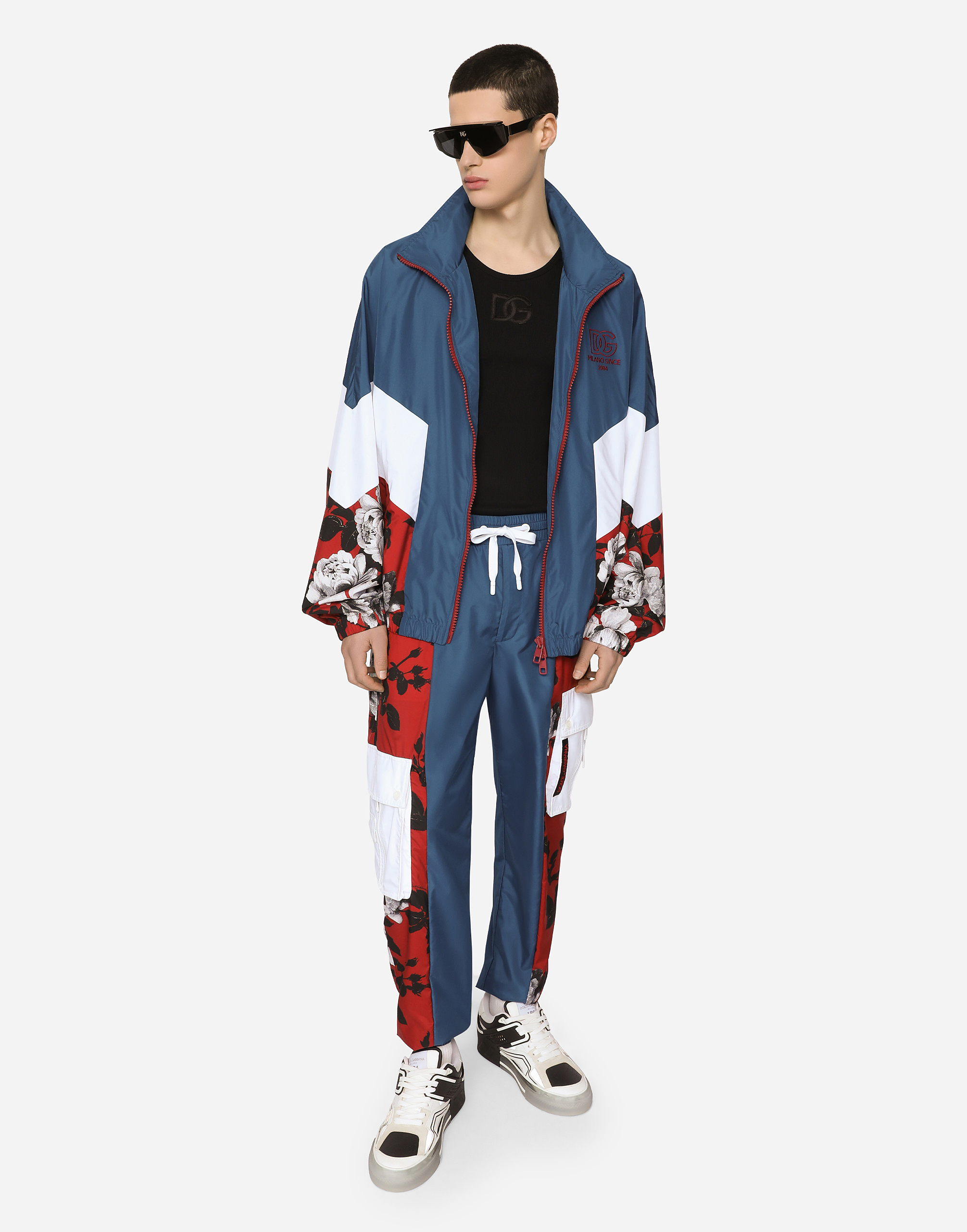 Nylon jacket with floral-print inserts and embroidery in Multicolor