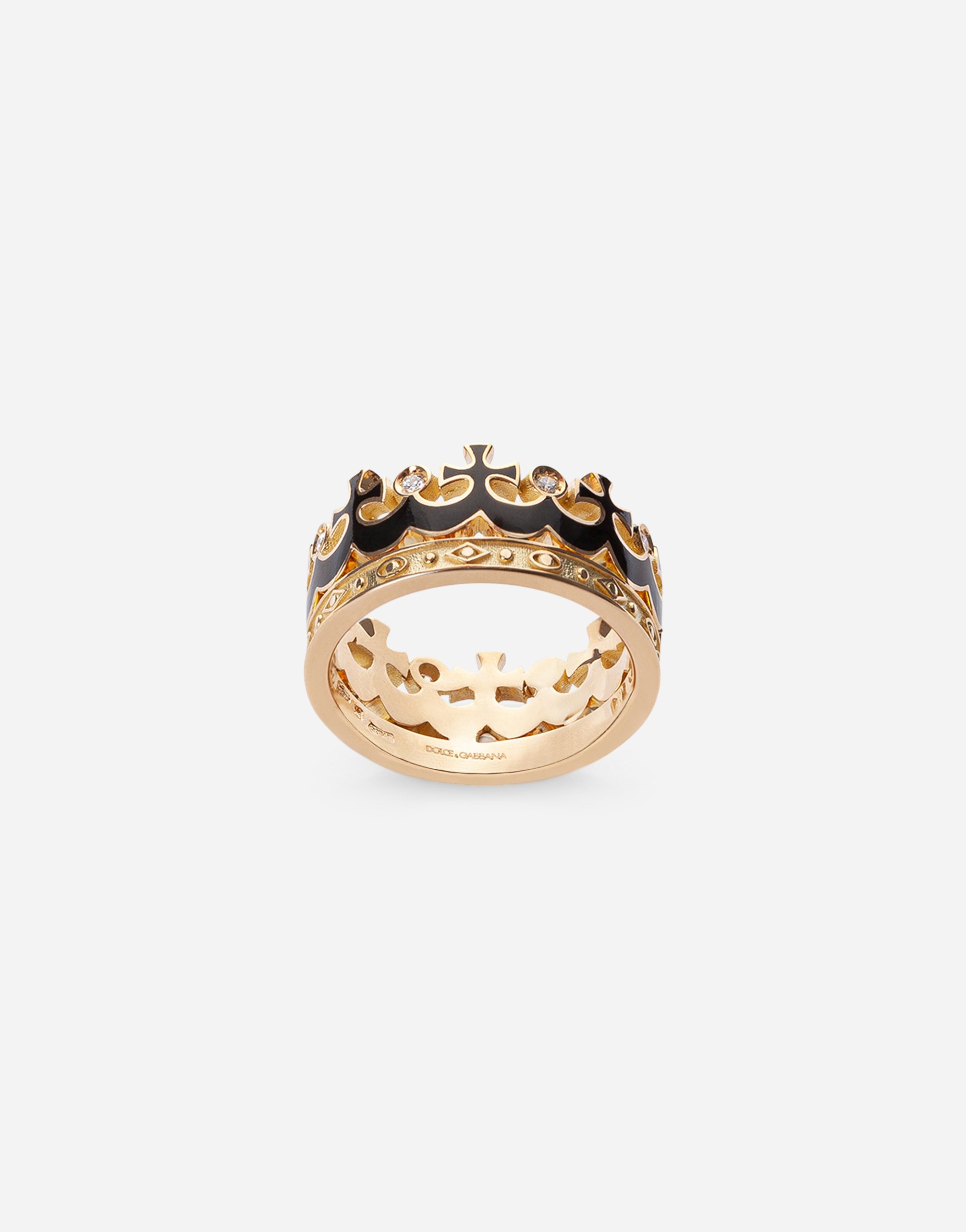 Crown yellow gold ring with black enamel crown and diamonds in Gold