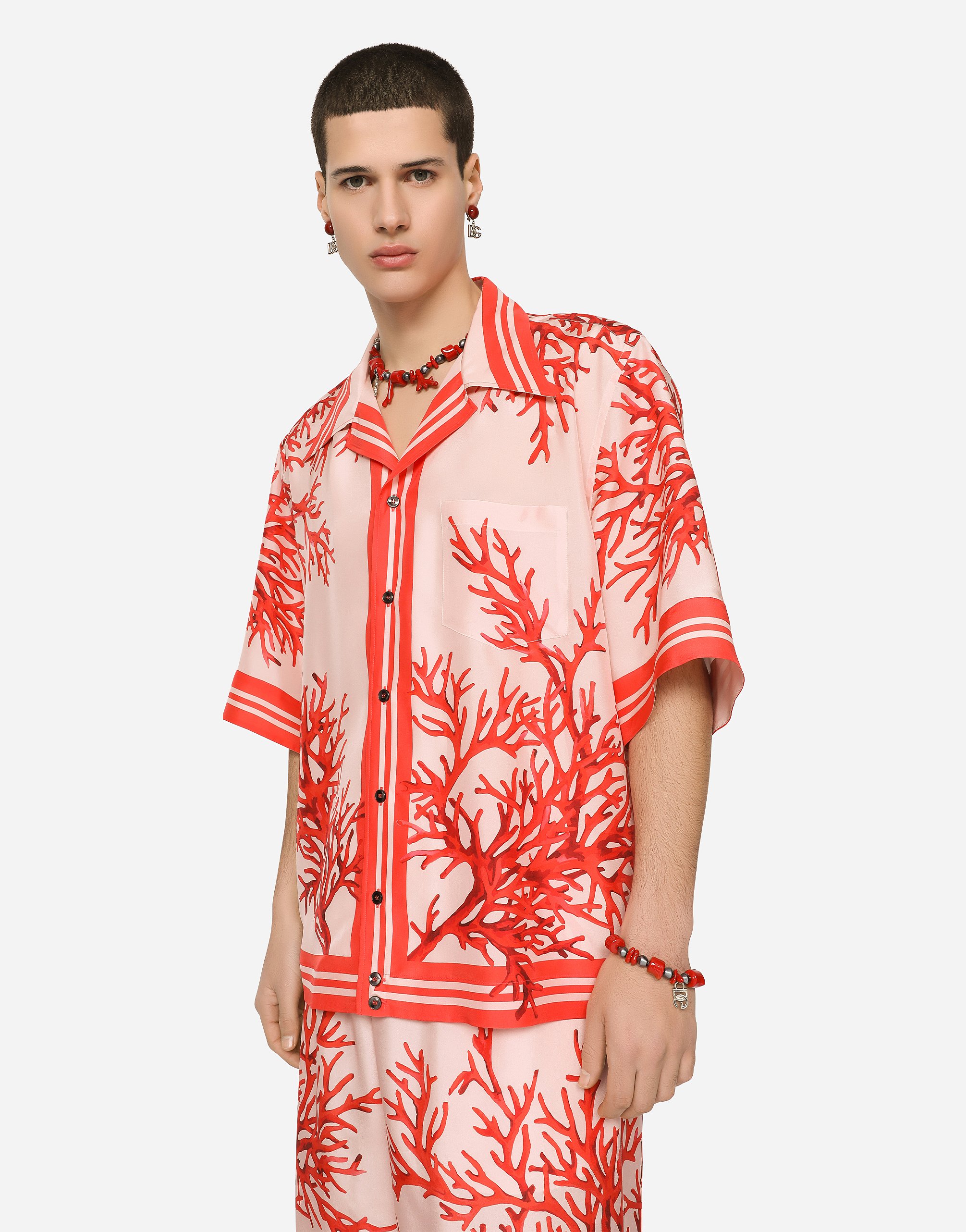Silk habotai Hawaiian shirt with coral print in Multicolor