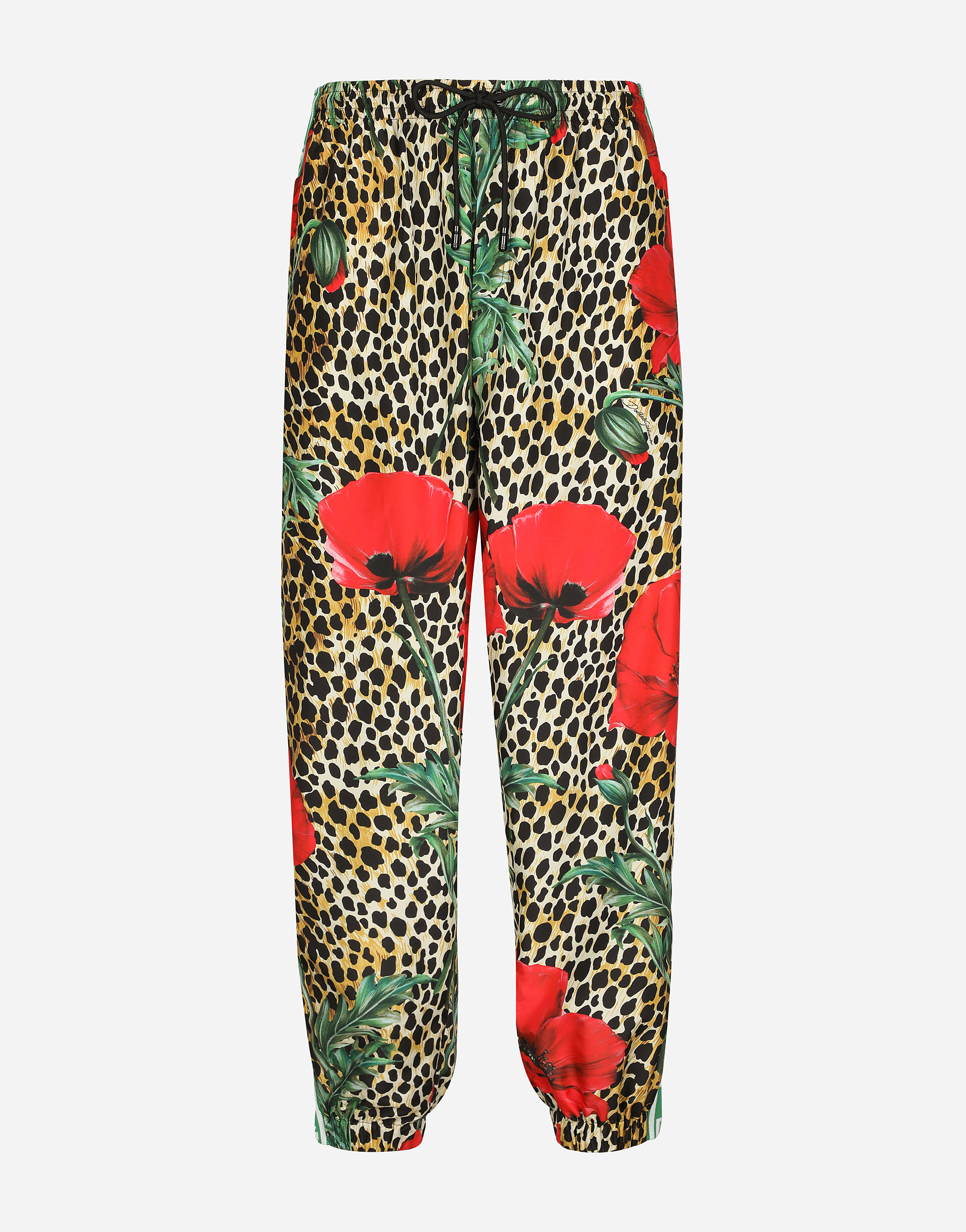 Nylon jogging pants with poppy and ocelot print in Multicolor