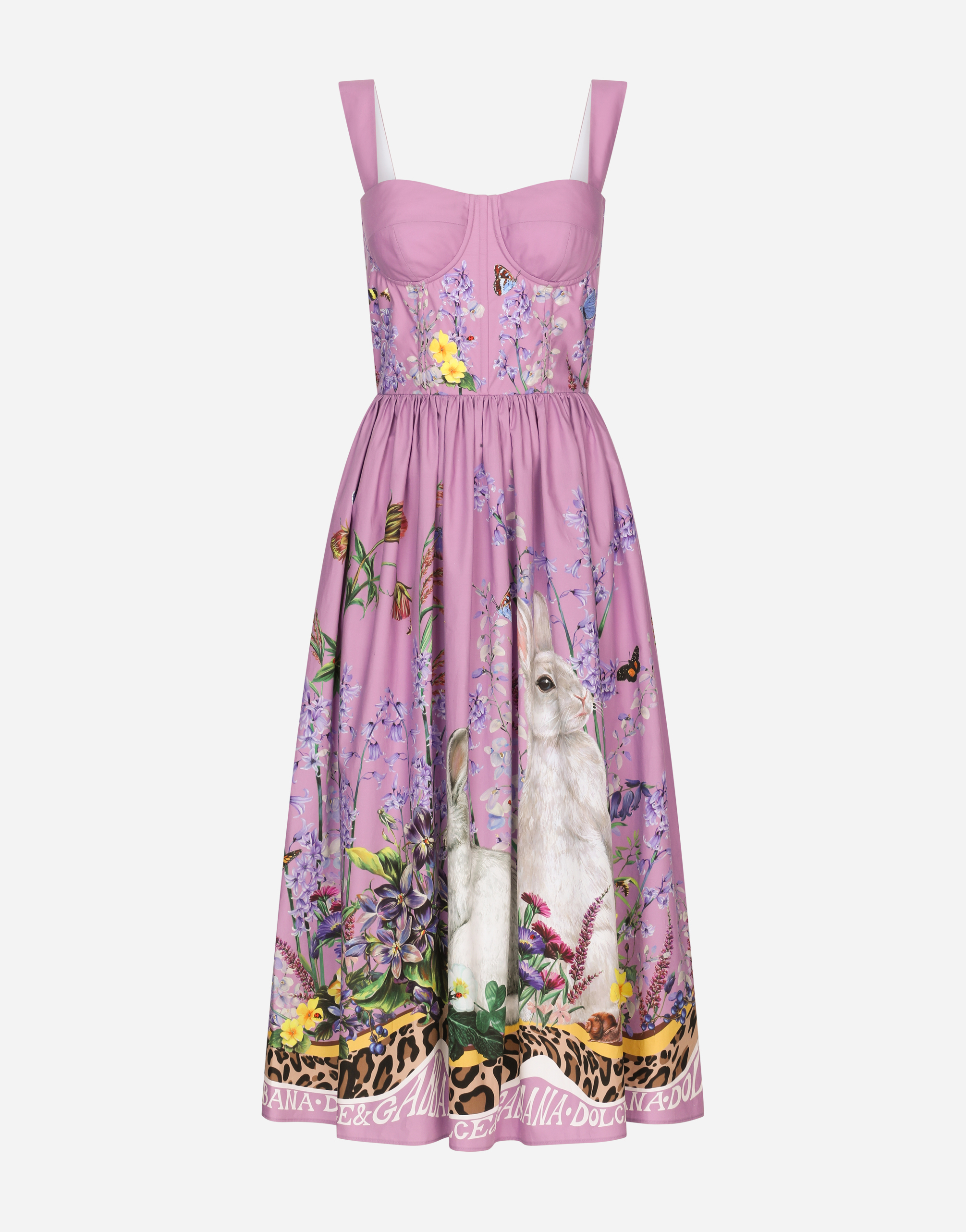 Calf-length bustier dress in rabbit-print poplin in Multicolor