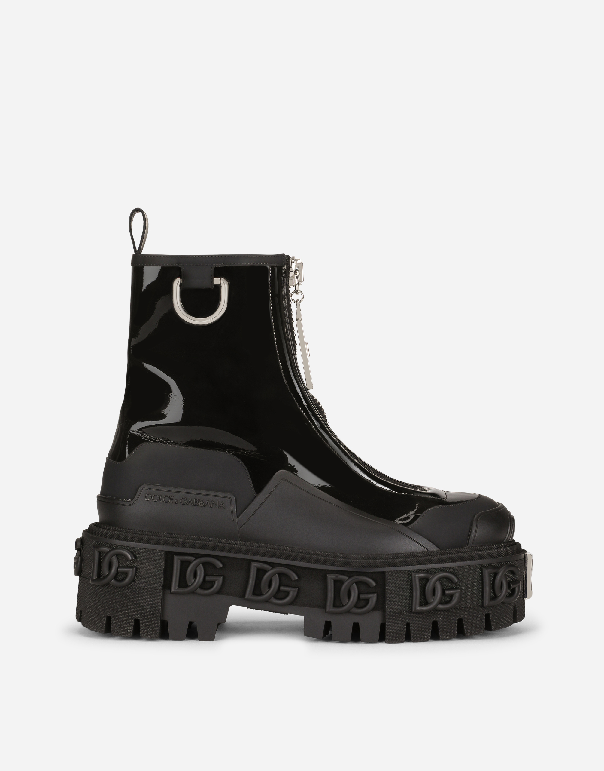 Rubberized calfskin and patent leather ankle boots with DG logo in Black