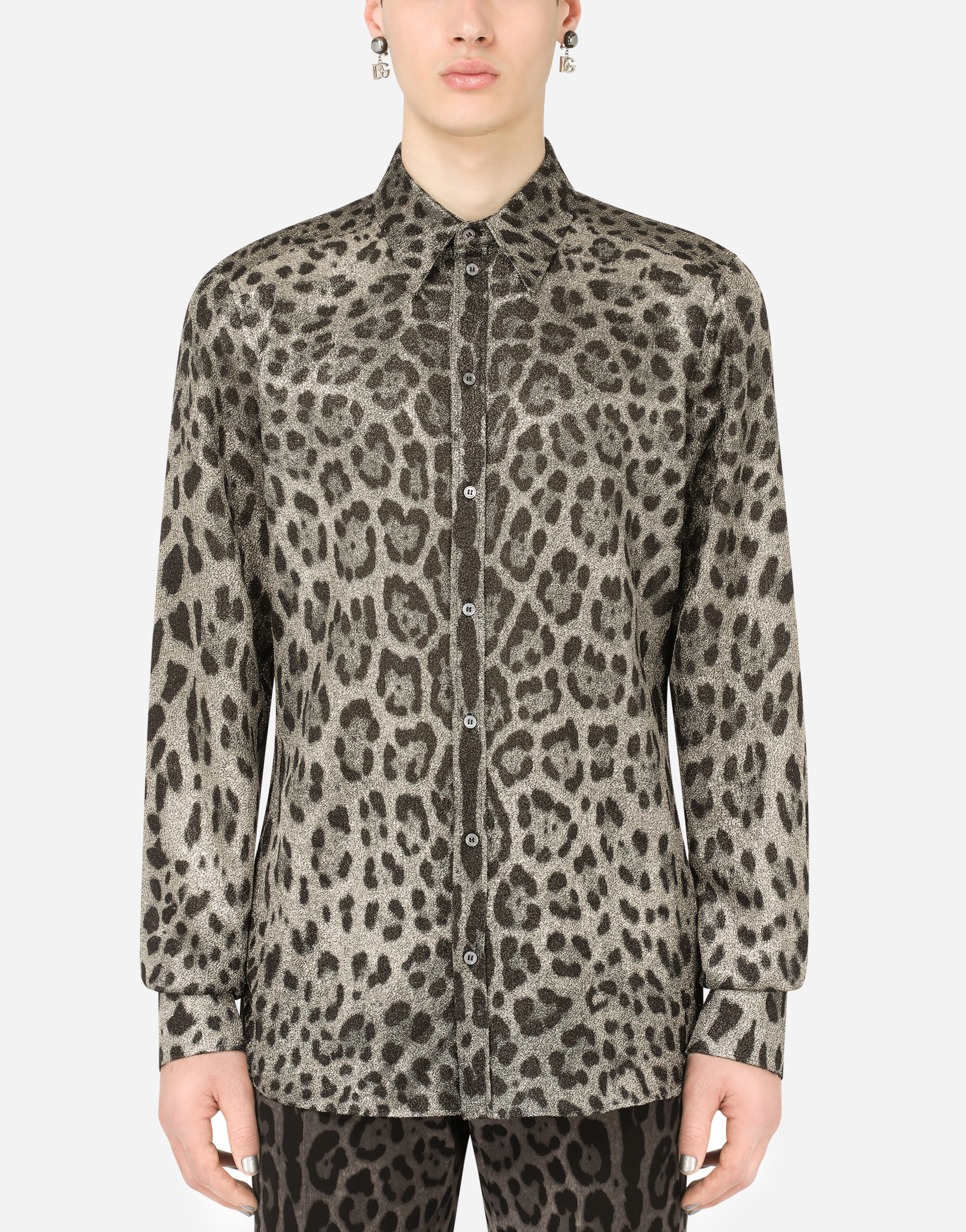 Stretch lamé Martini-fit shirt with leopard print in Multicolor