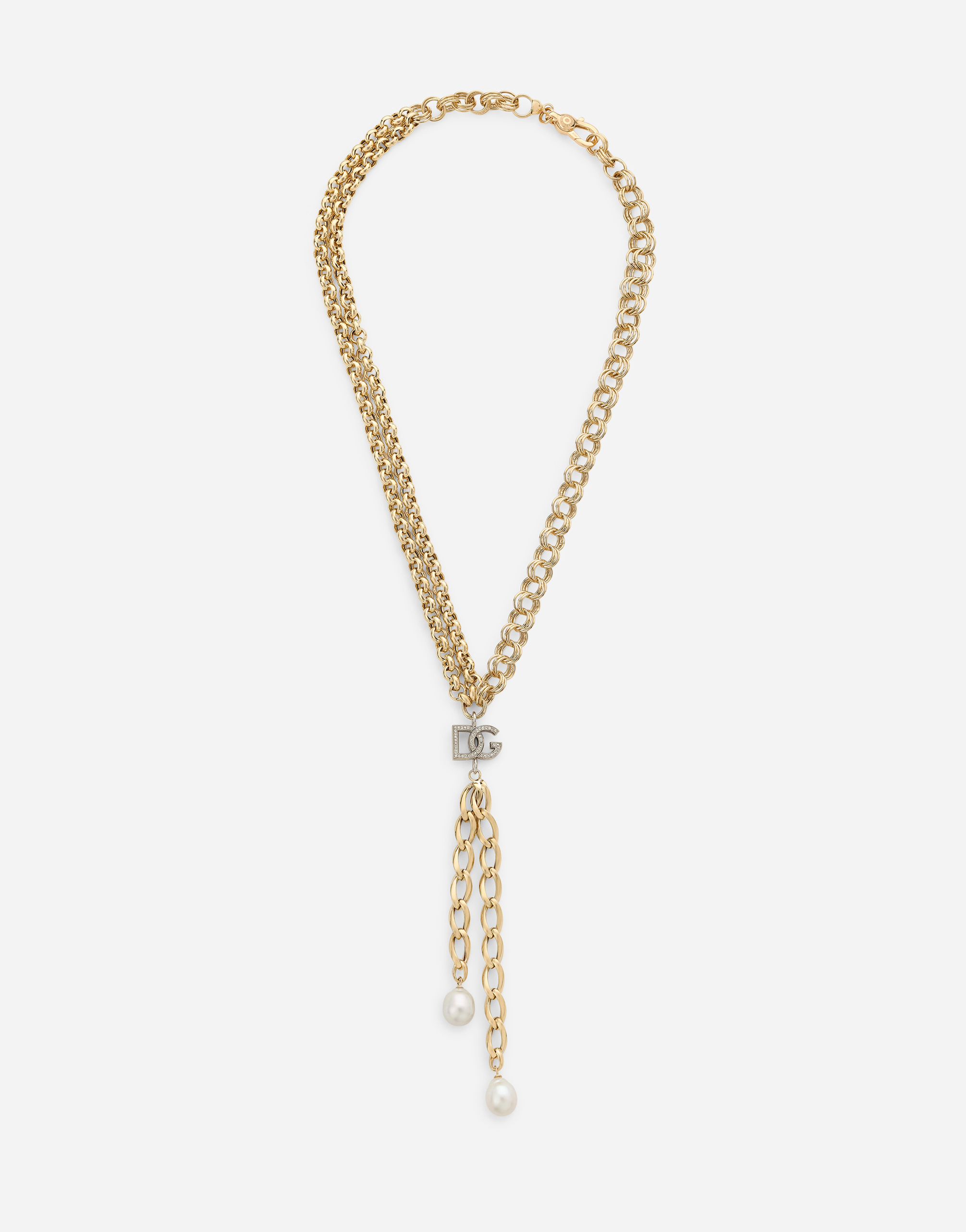 Logo necklace in yellow and white 18kt gold with colorless sapphires and pearls in White and yellow gold