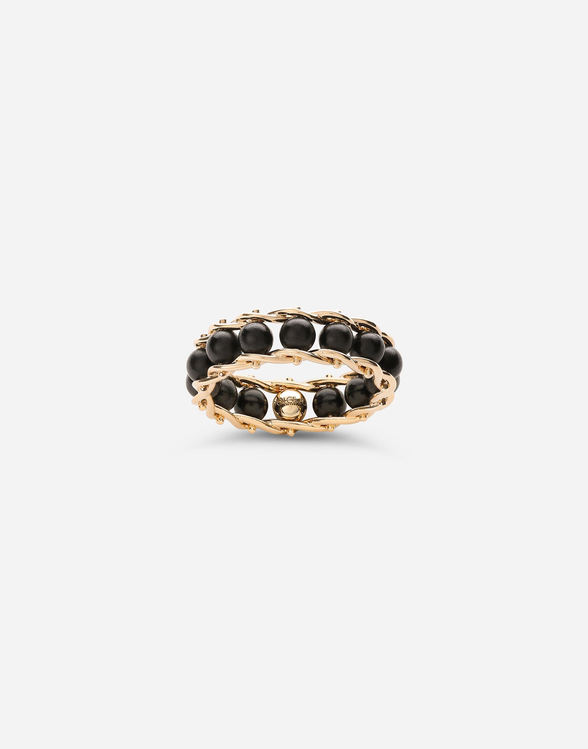 Tradition yellow gold rosary band ring with black jades in Yellow gold