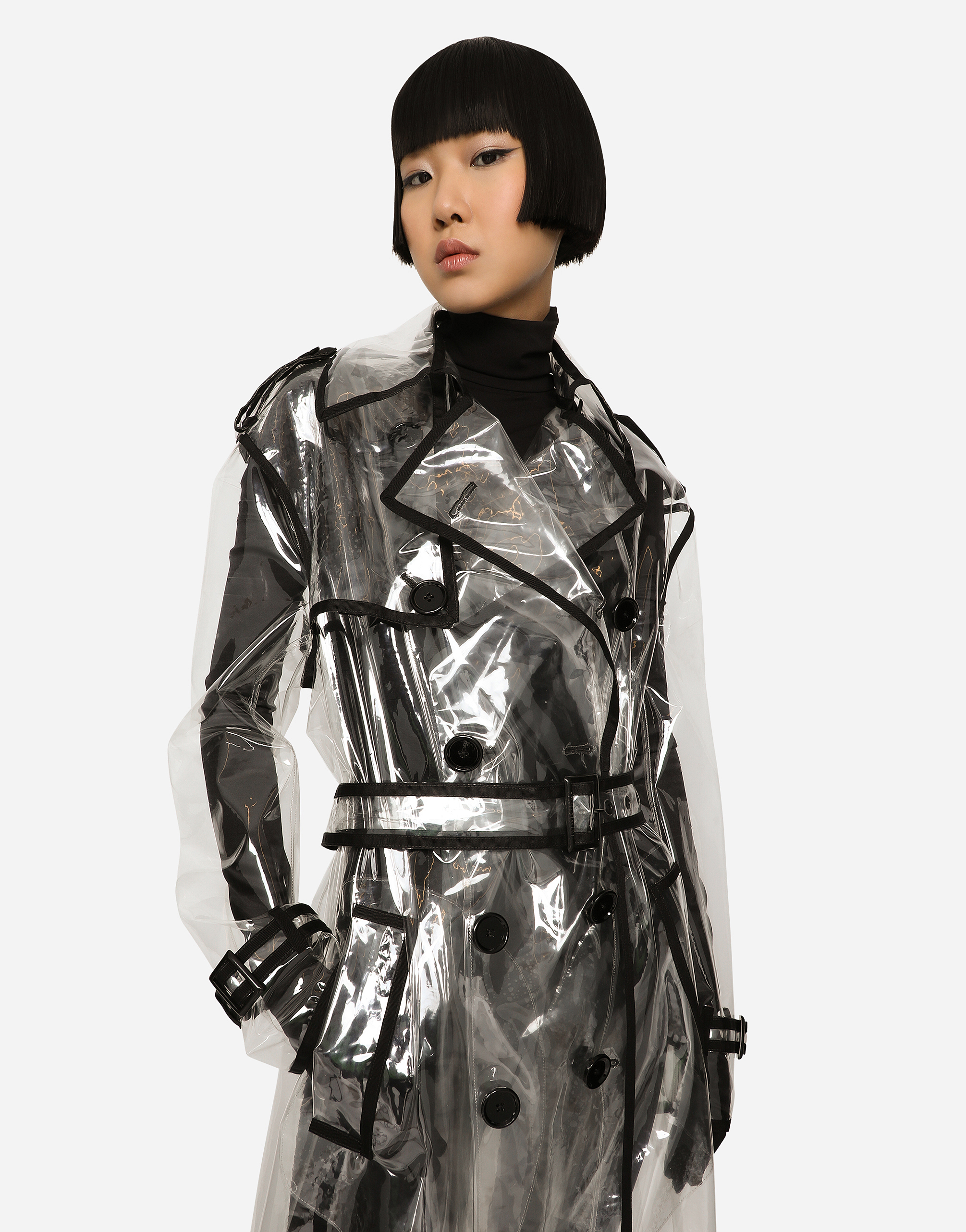 KIM DOLCE&GABBANA PVC trench coat with contrasting piping in Transparent  for Women | Dolce&Gabbana®