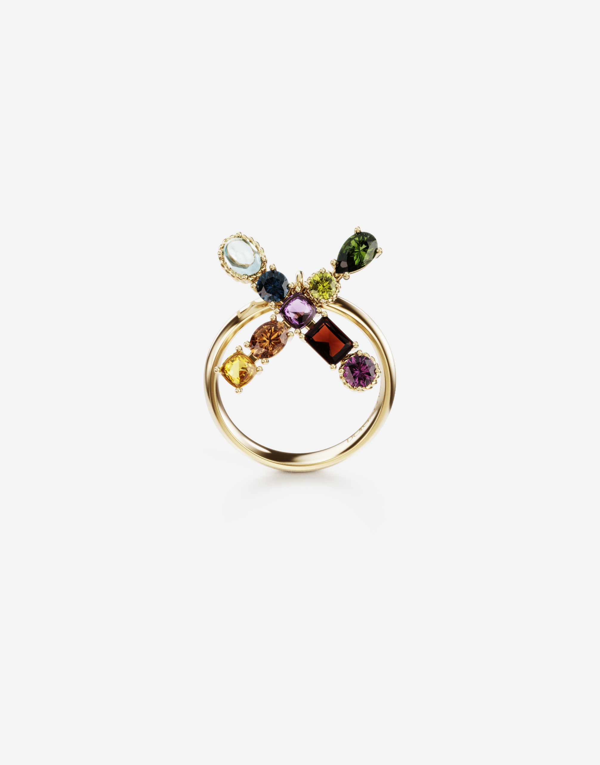 Rainbow alphabet X ring in yellow gold with multicolor fine gems in Gold