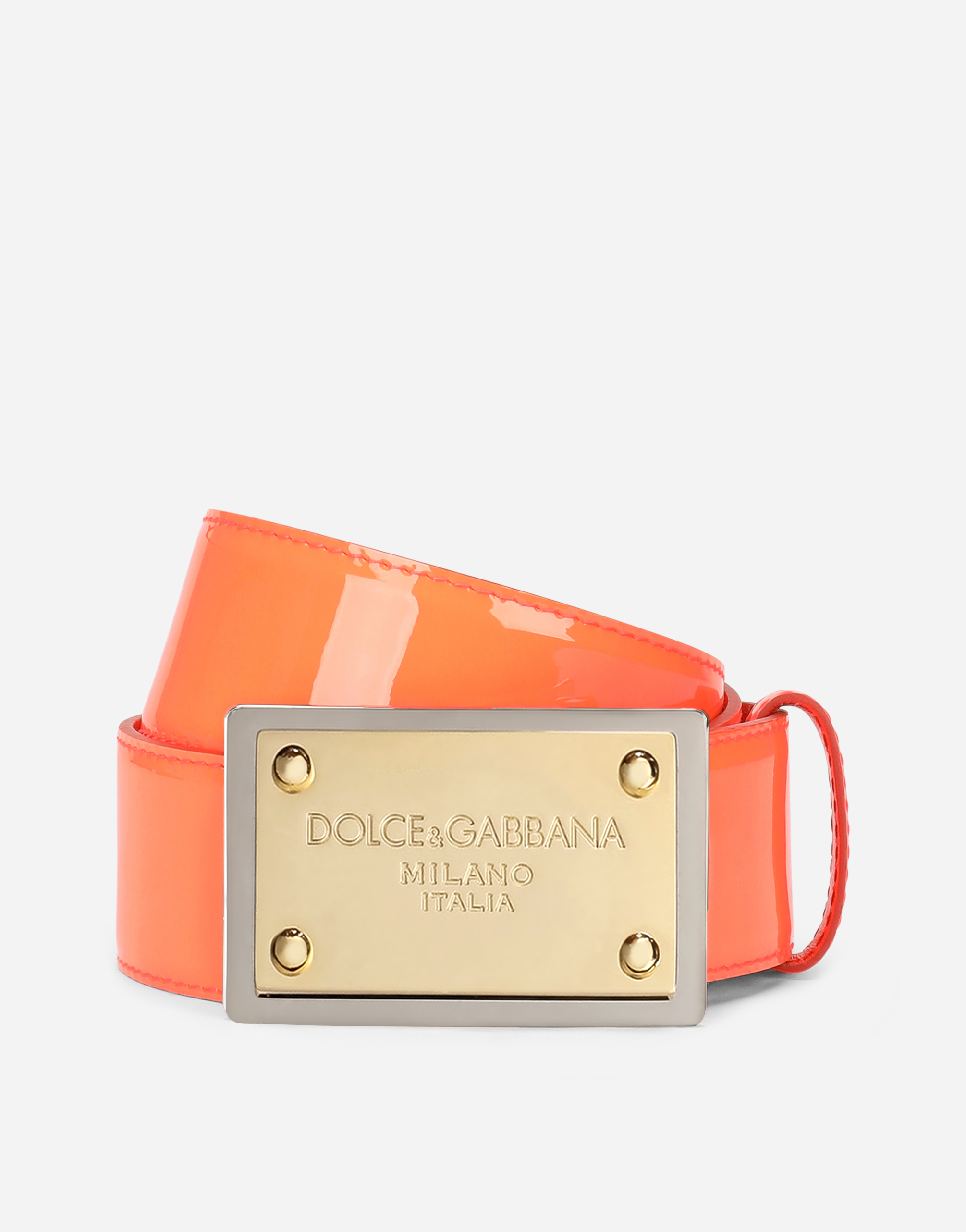Neon patent leather belt in Orange
