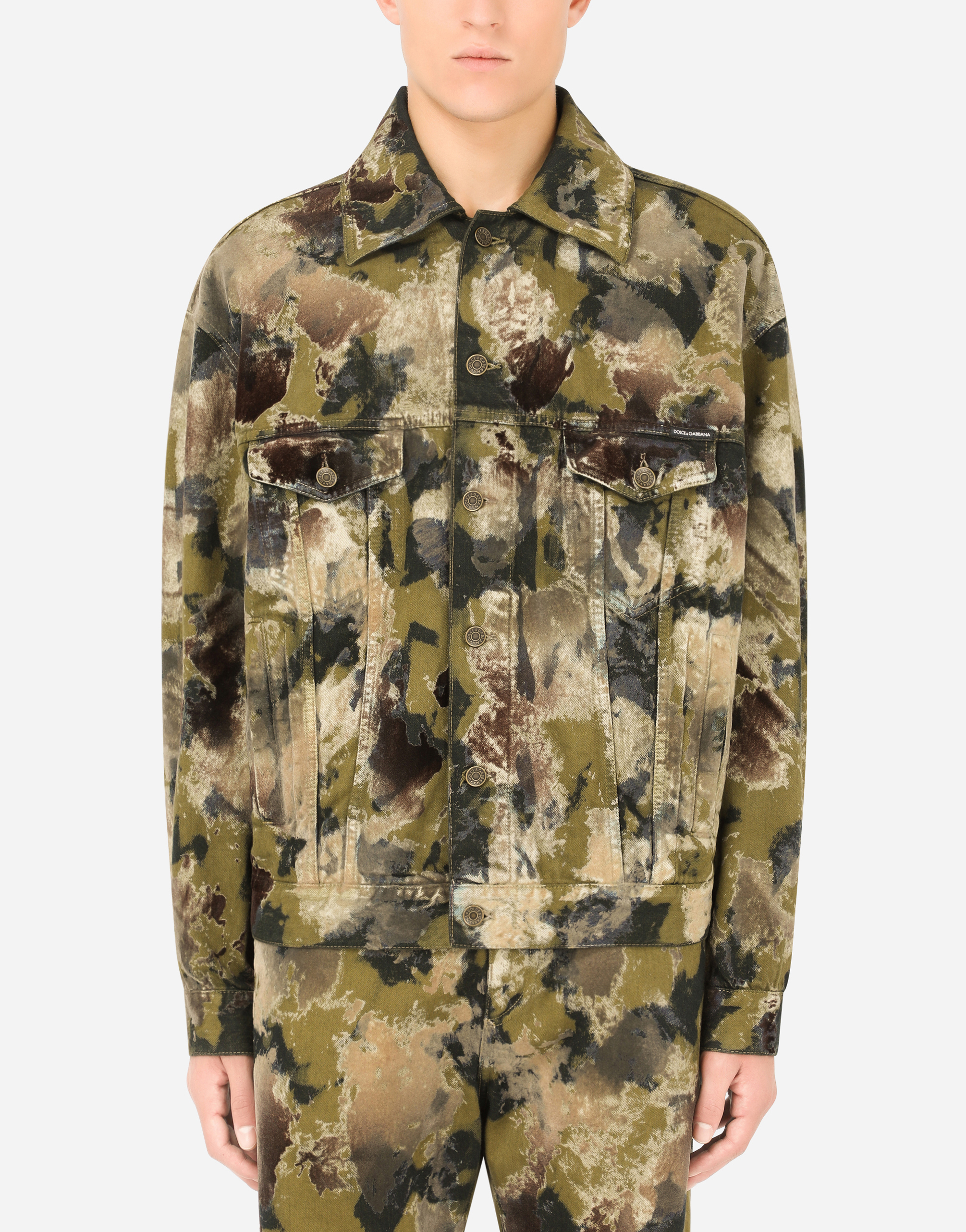 Flocked camouflage-print denim jacket in Multicolor