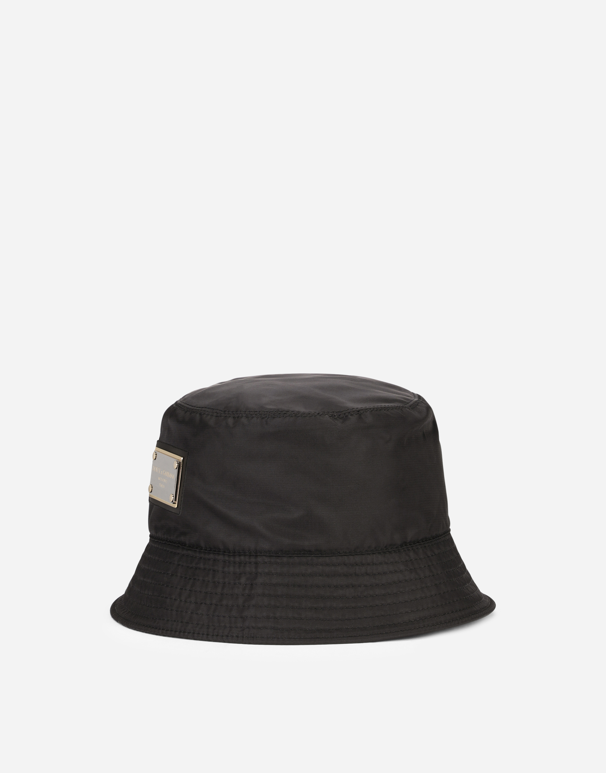 Nylon bucket hat with branded plate in Black