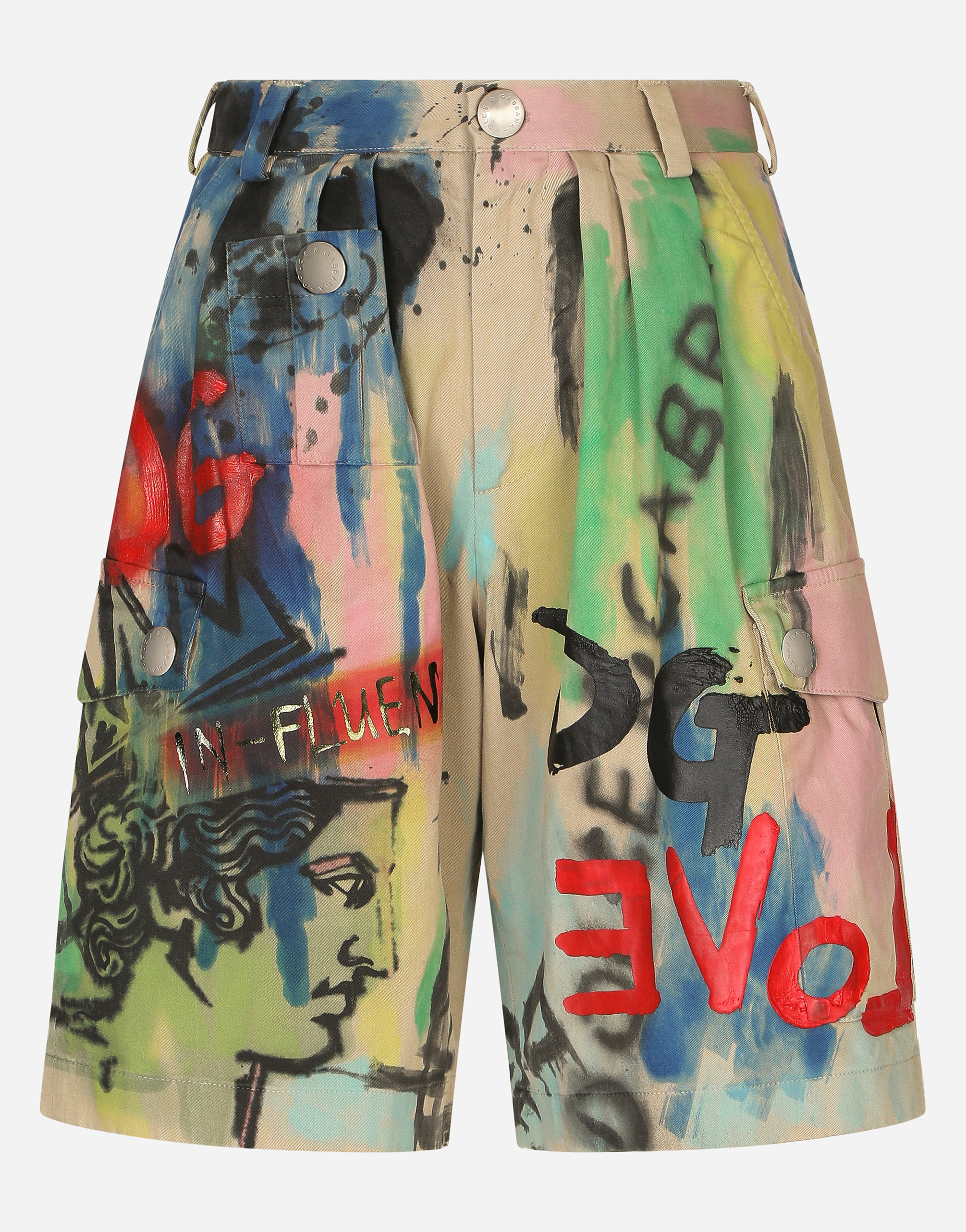 Gabardine cargo shorts with graffiti print in Multicolor