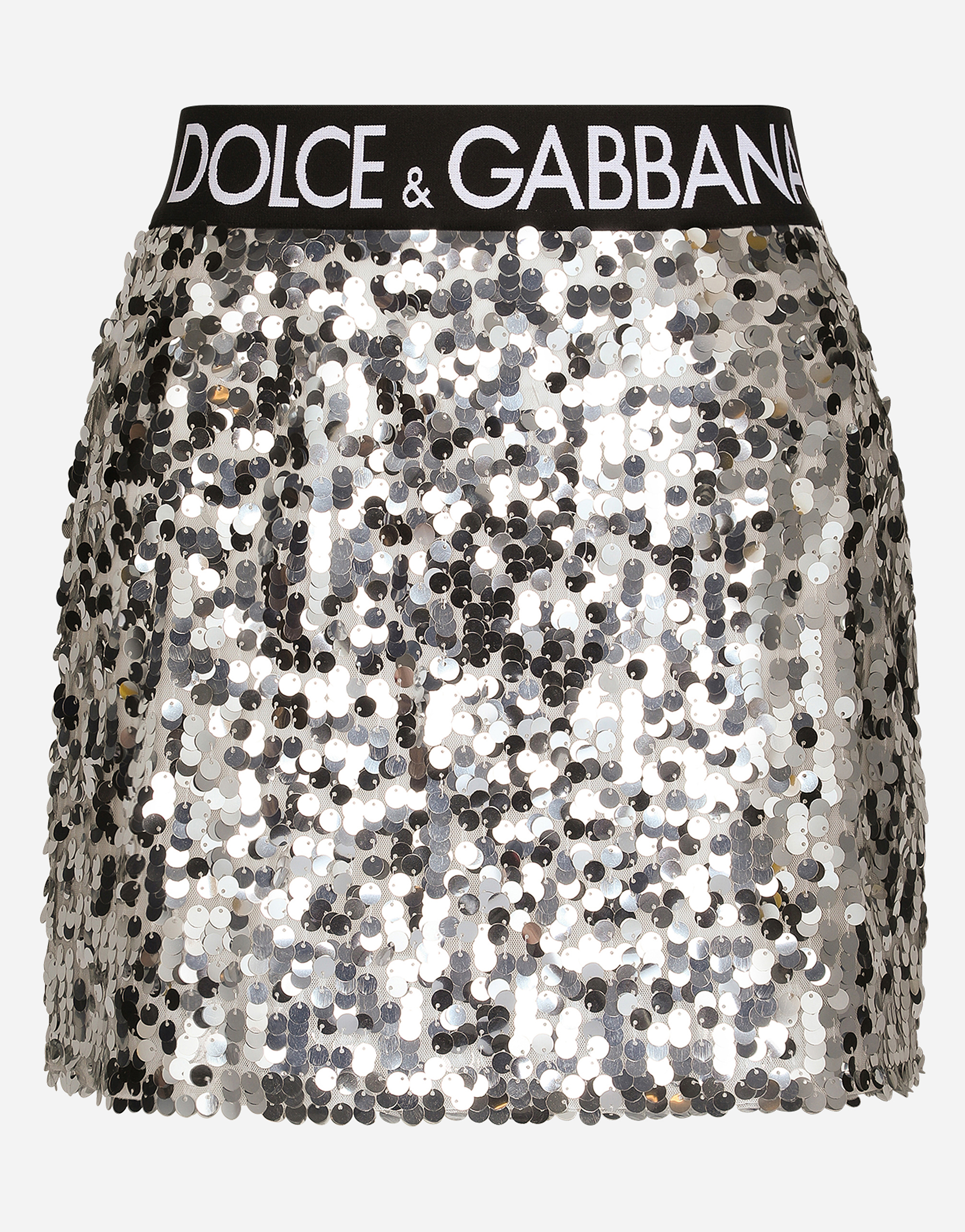 Sequined miniskirt with branded elastic in Silver