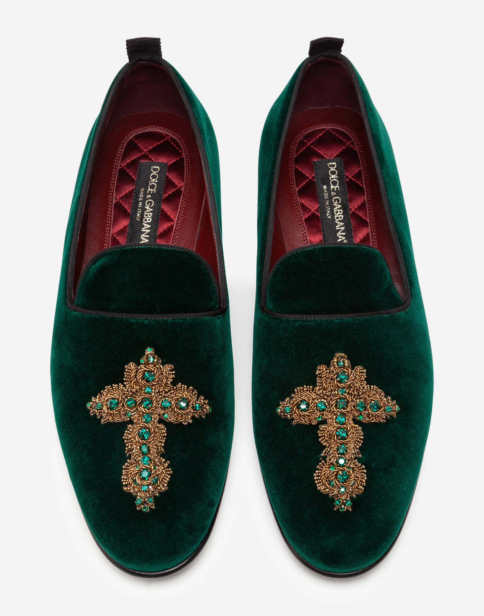 Velvet slippers with embroidery in Green for Men | Dolce&Gabbana®