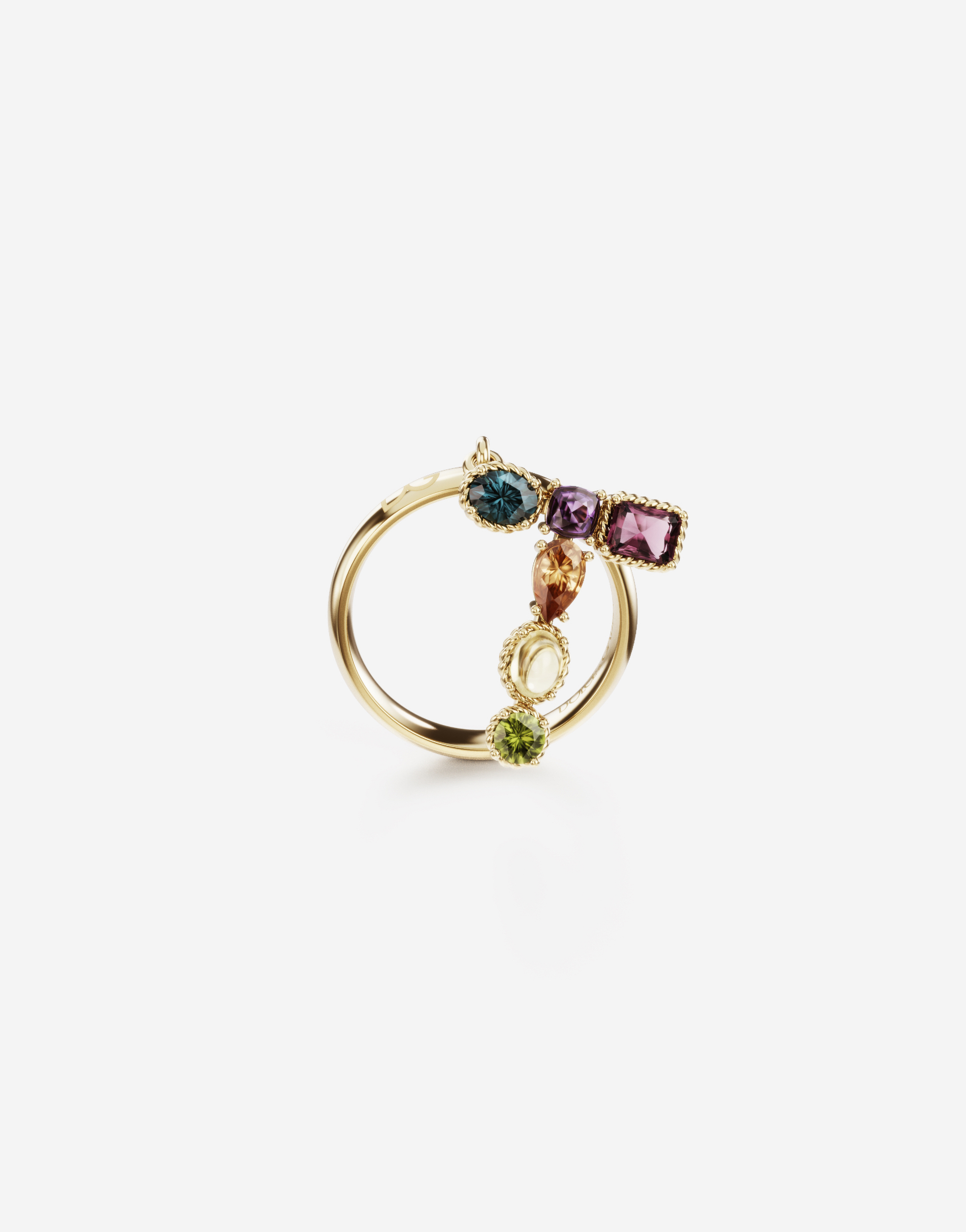 Rainbow alphabet T ring in yellow gold with multicolor fine gems in Gold