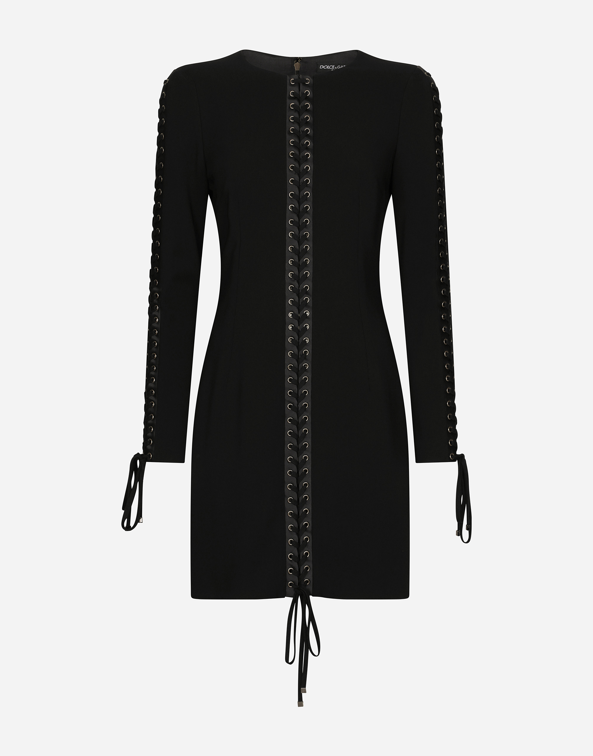 Short cady dress with laces and eyelets in Black