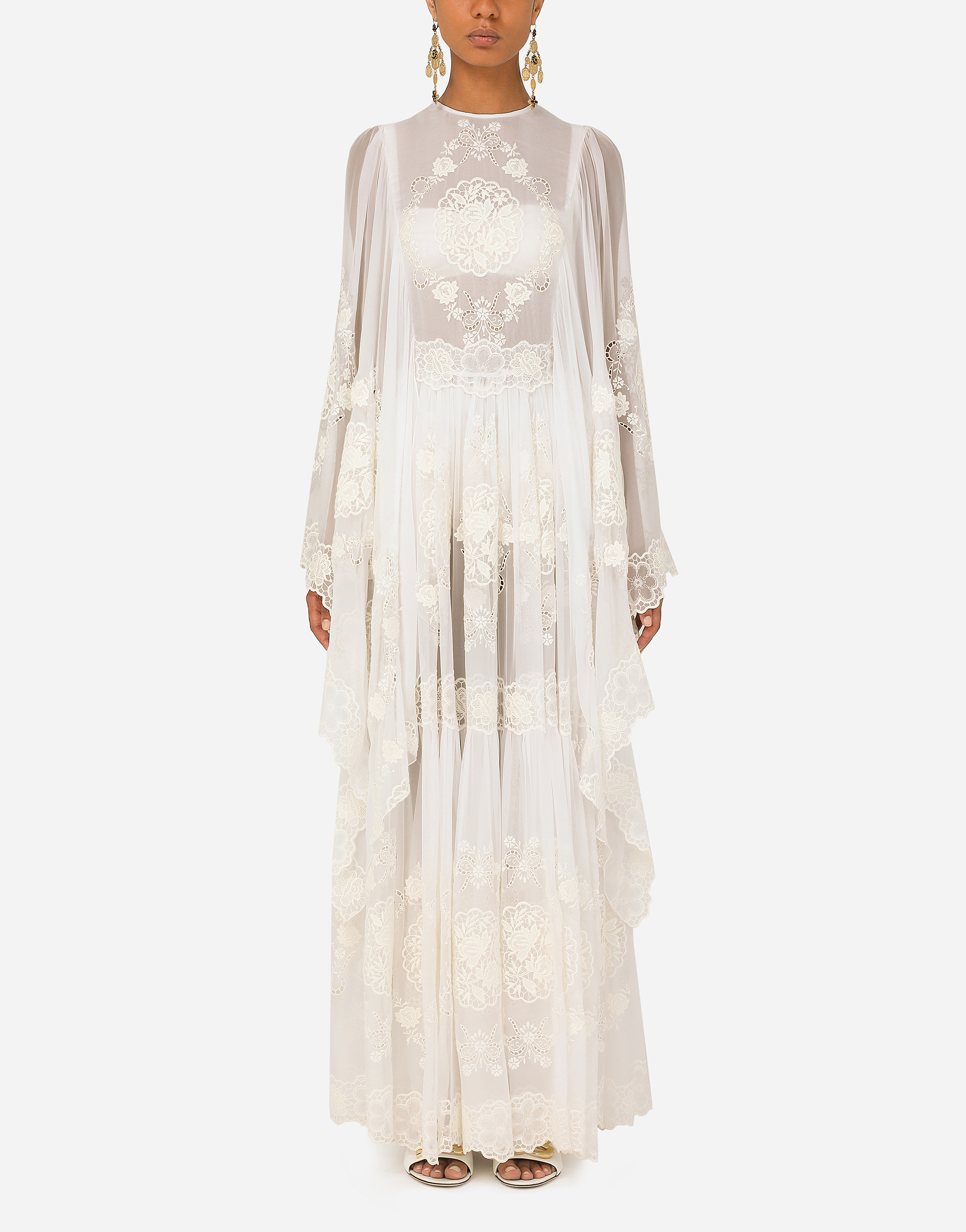 Long embroidered chiffon dress in White