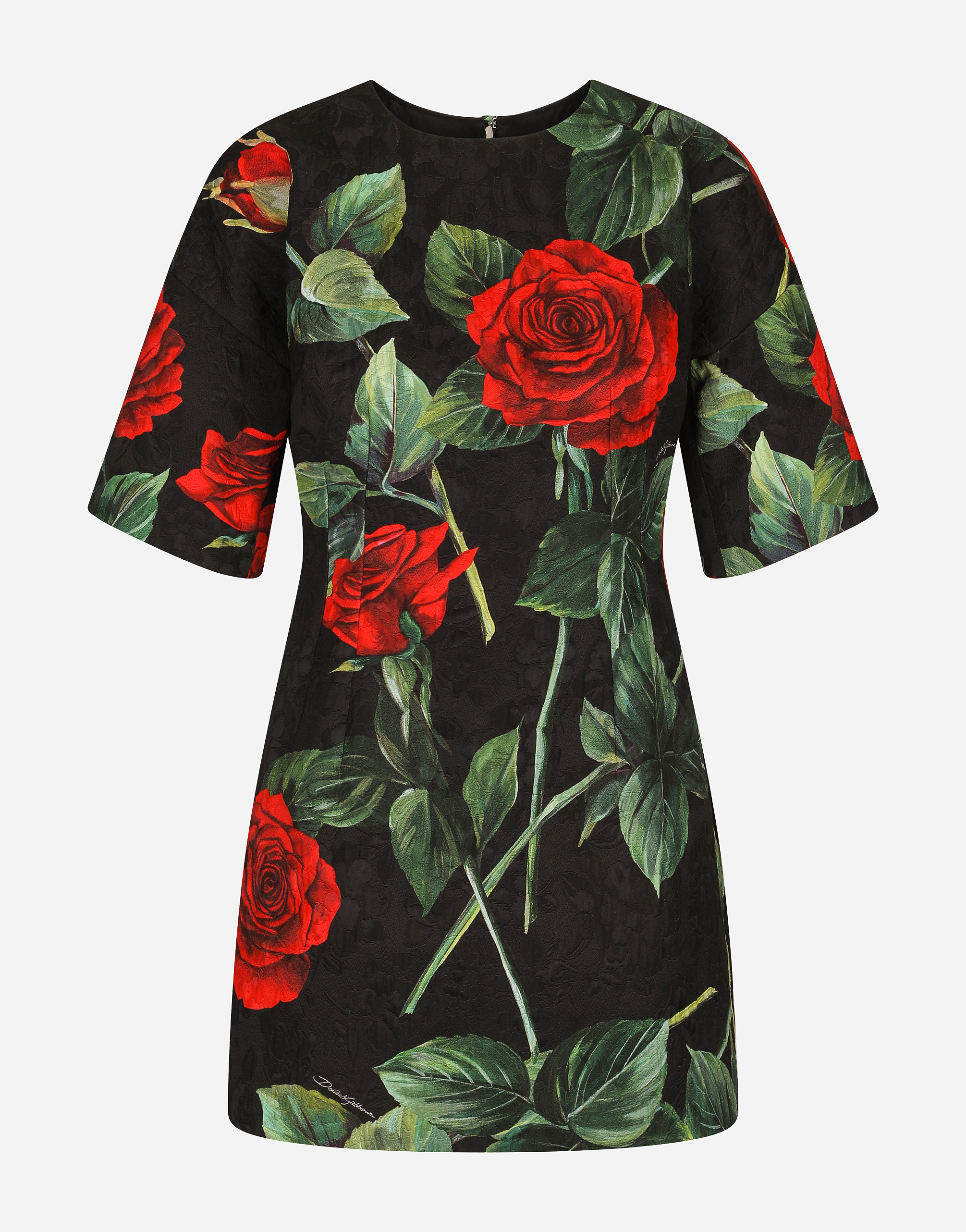 Short brocade dress with red rose print in Multicolor