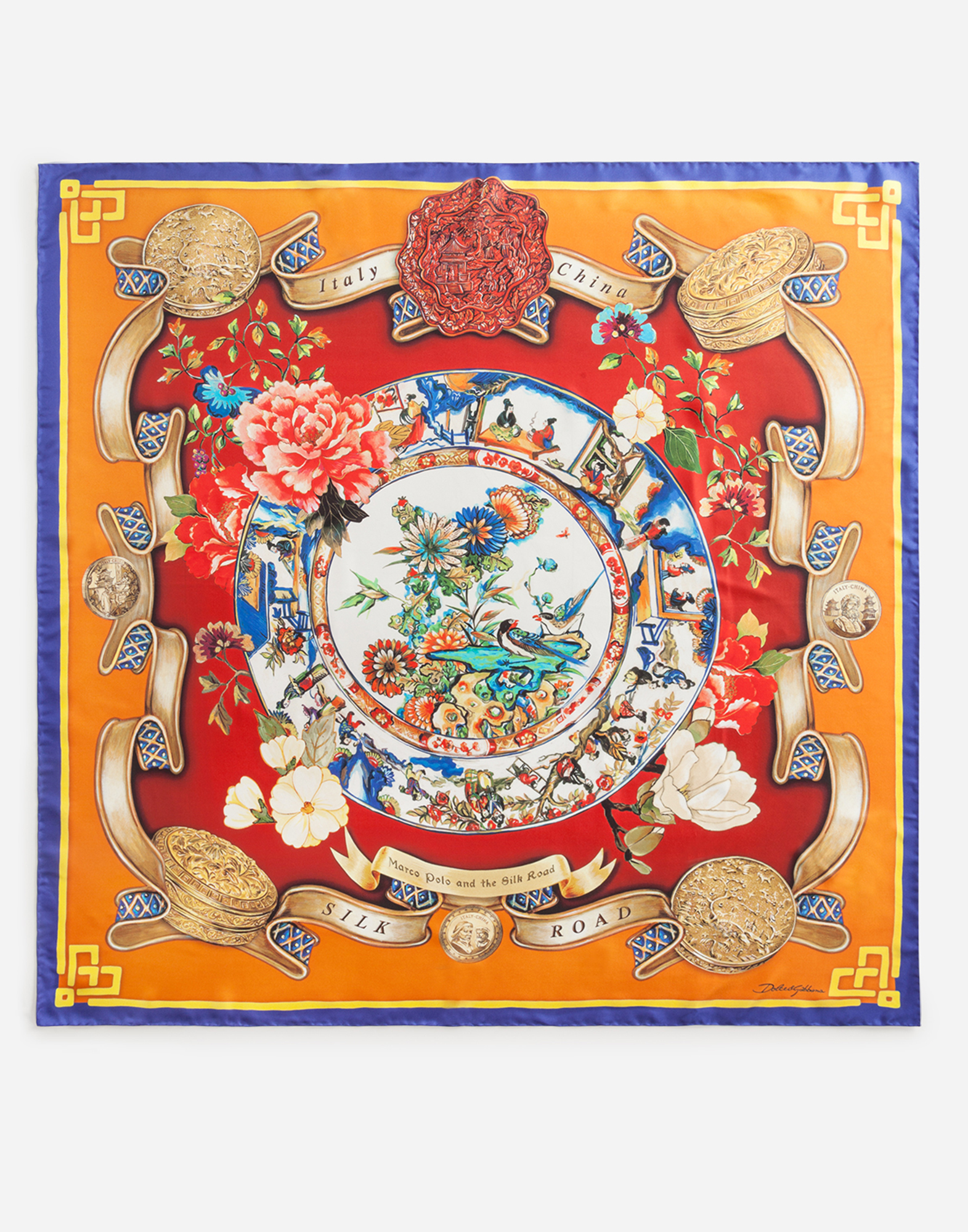 Twill silk foulard with Silk road print: 90 x 90cm- 35 x 35 inches in Multicolor