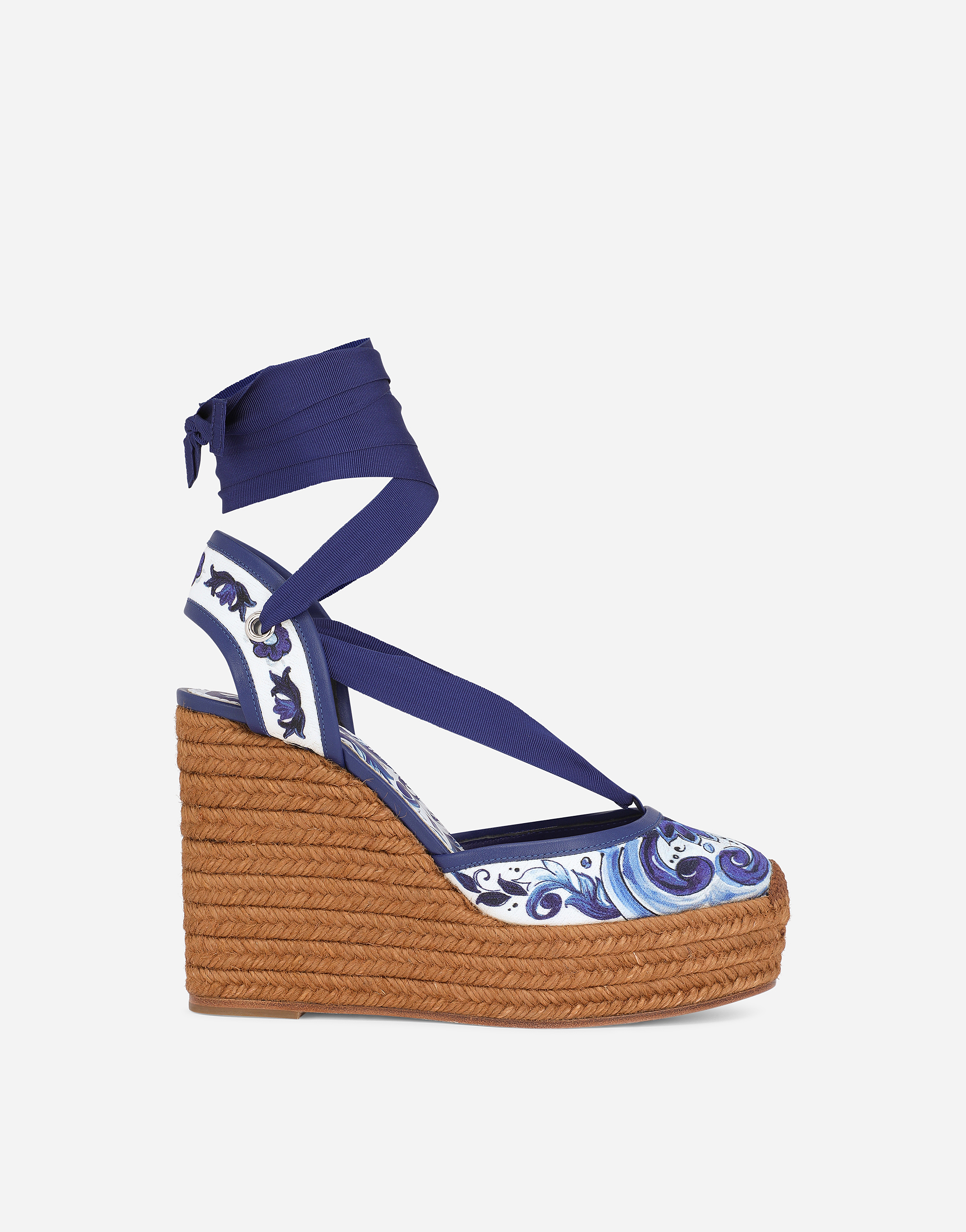 Rope-soled wedges in printed brocade fabric in Multicolor