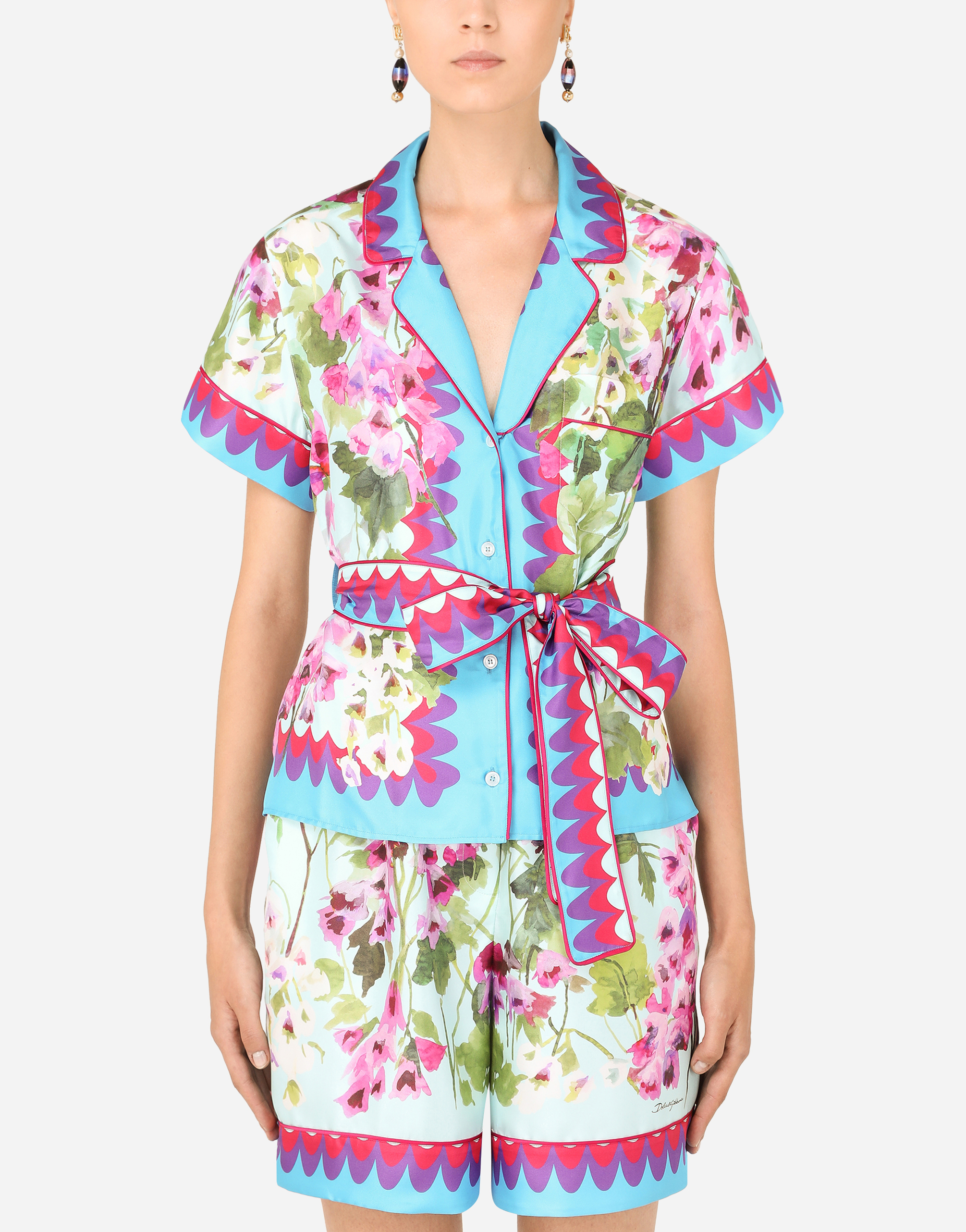 Bluebell-print twill shirt with belt in Multicolor