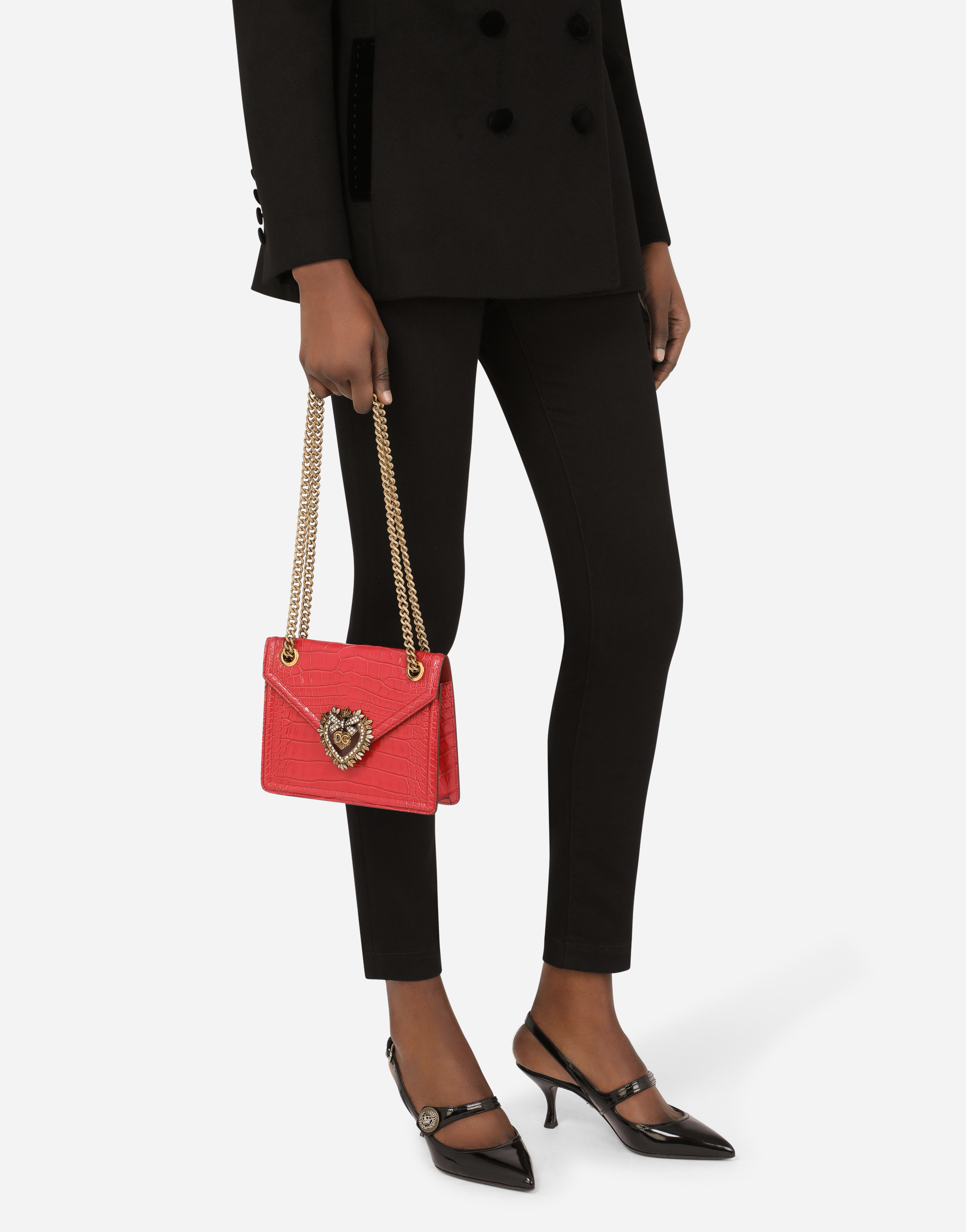 Shop Dolce & Gabbana Medium Crocodile Skin Devotion Bag In Red