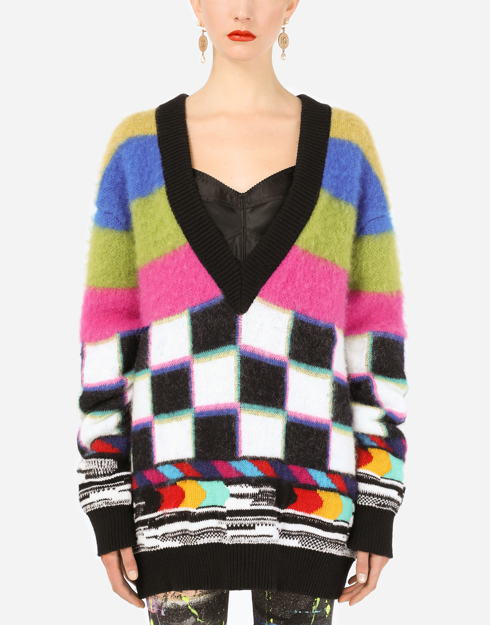 V-neck sweater with multi-color glitch design in Multicolor