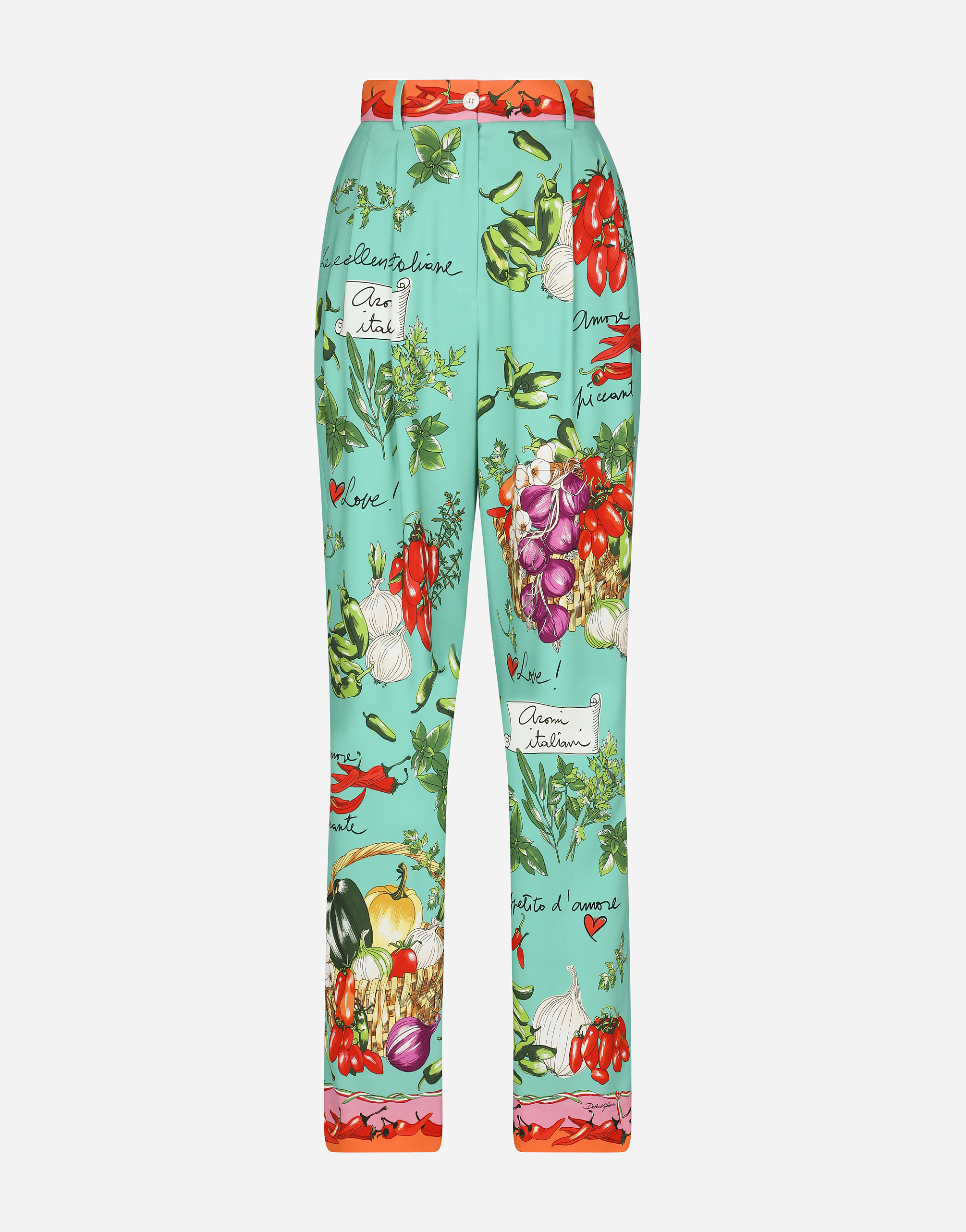 Flared vegetable-print charmeuse pants in Multicolor