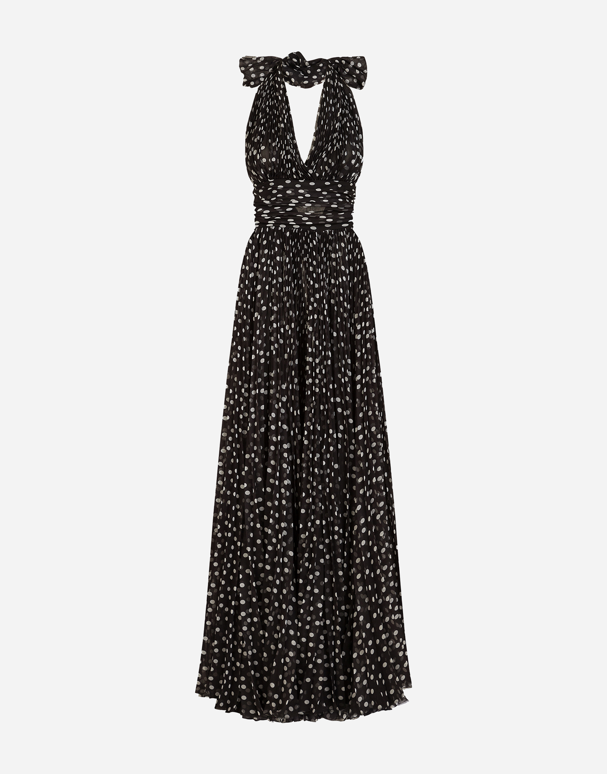 Long dress in polka-dot print chiffon in Black