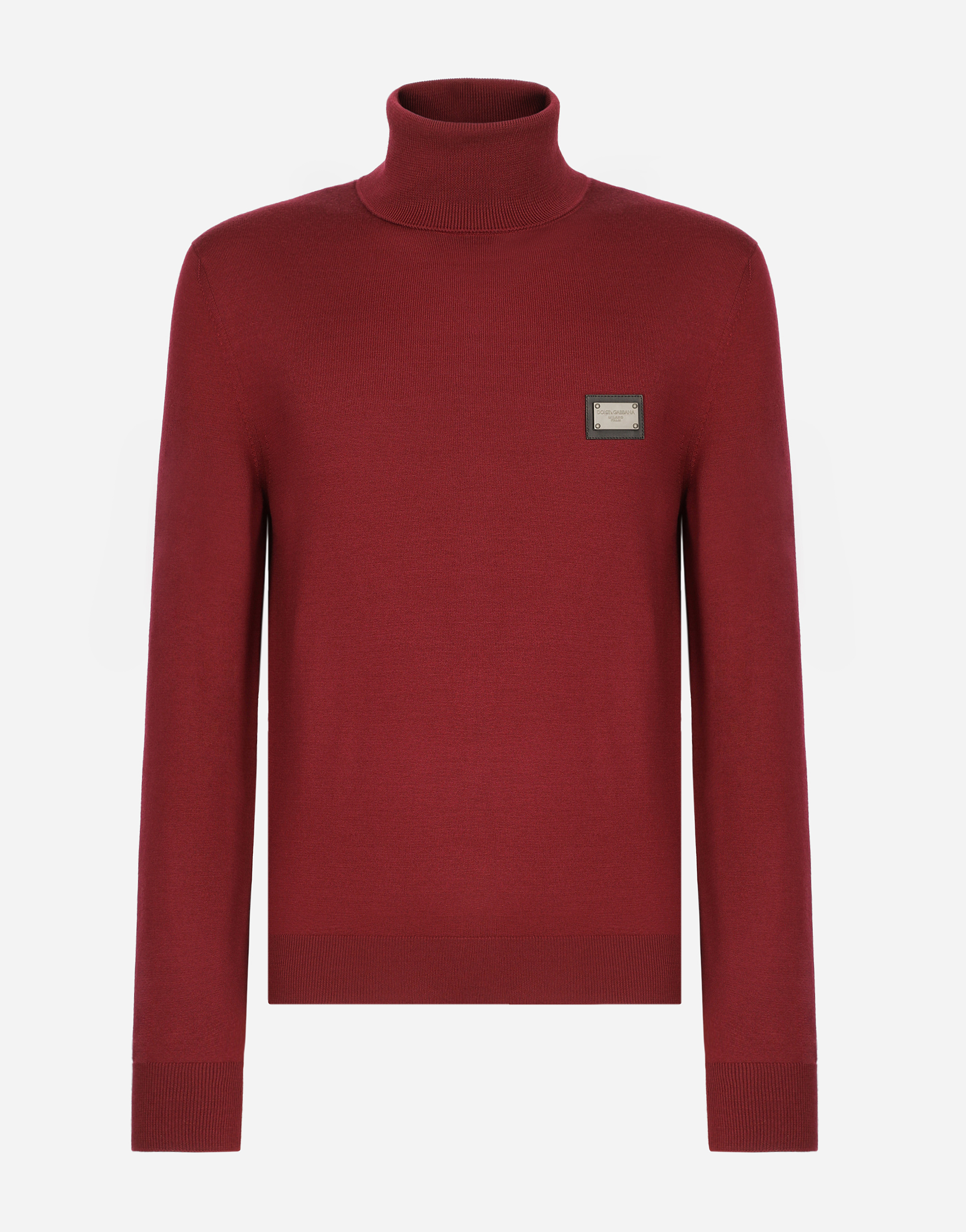 Wool turtle-neck sweater with branded tag in Bordeaux