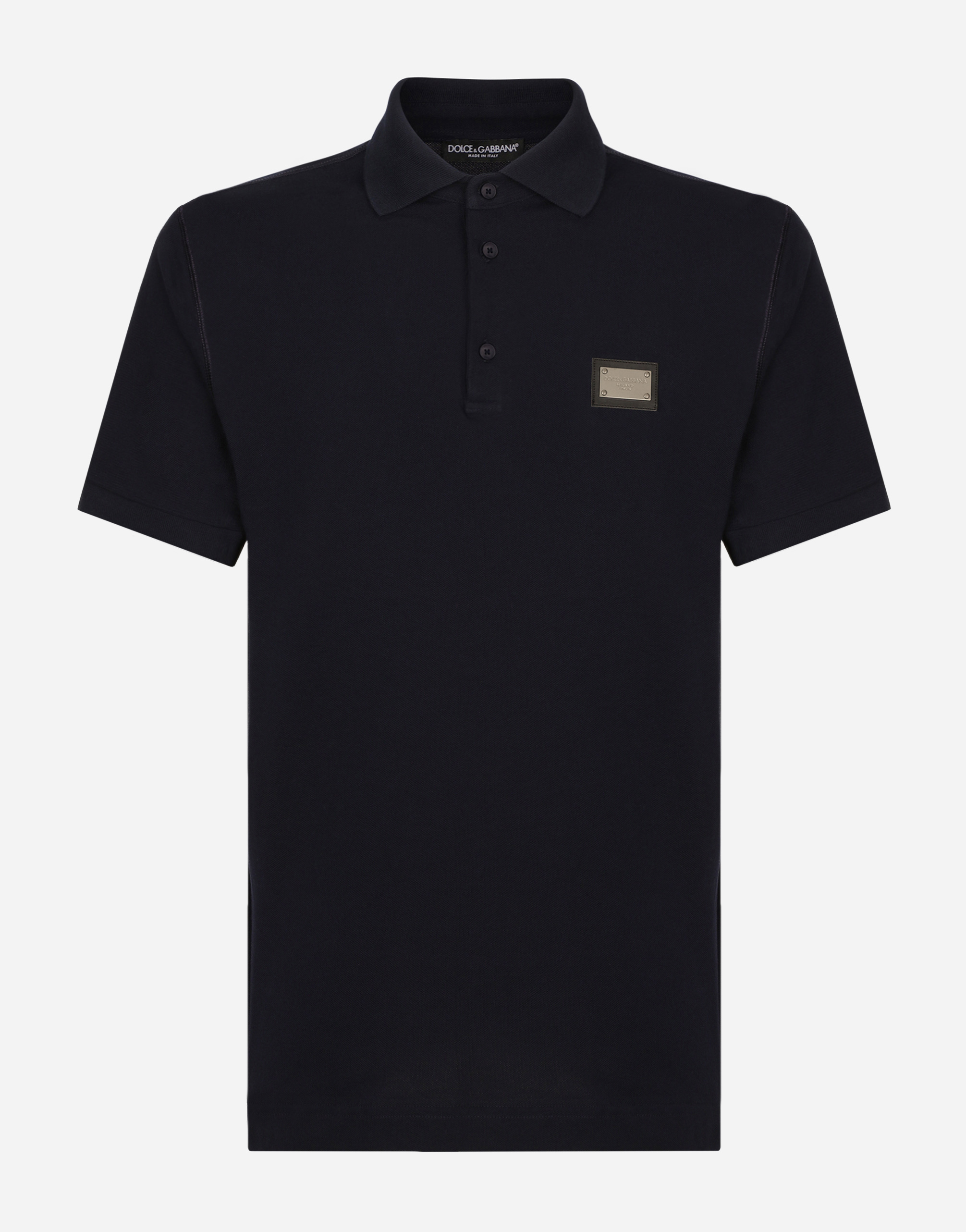 Cotton piqué polo-shirt with branded tag in Blue