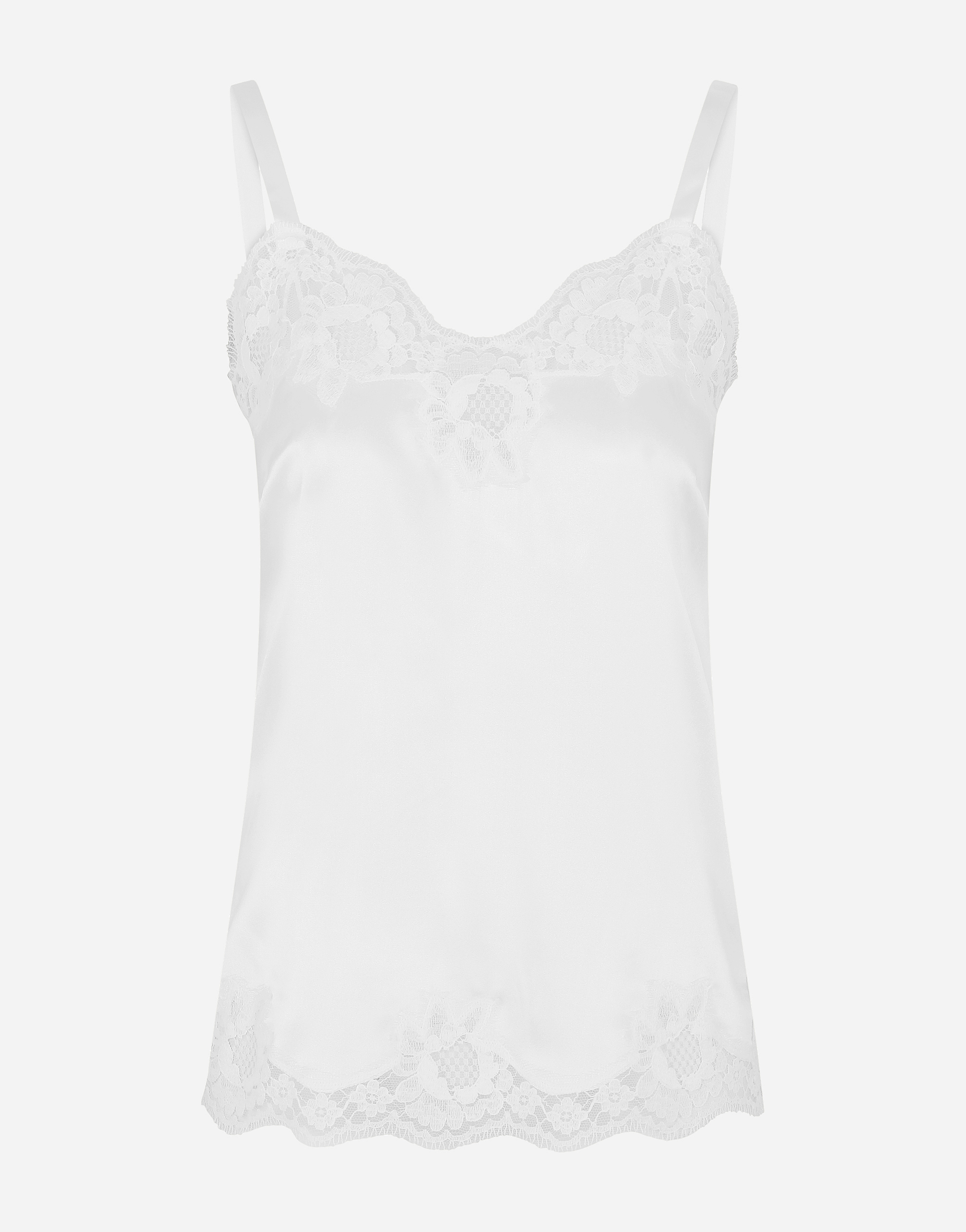 Satin lingerie-style top with lace detailing in White