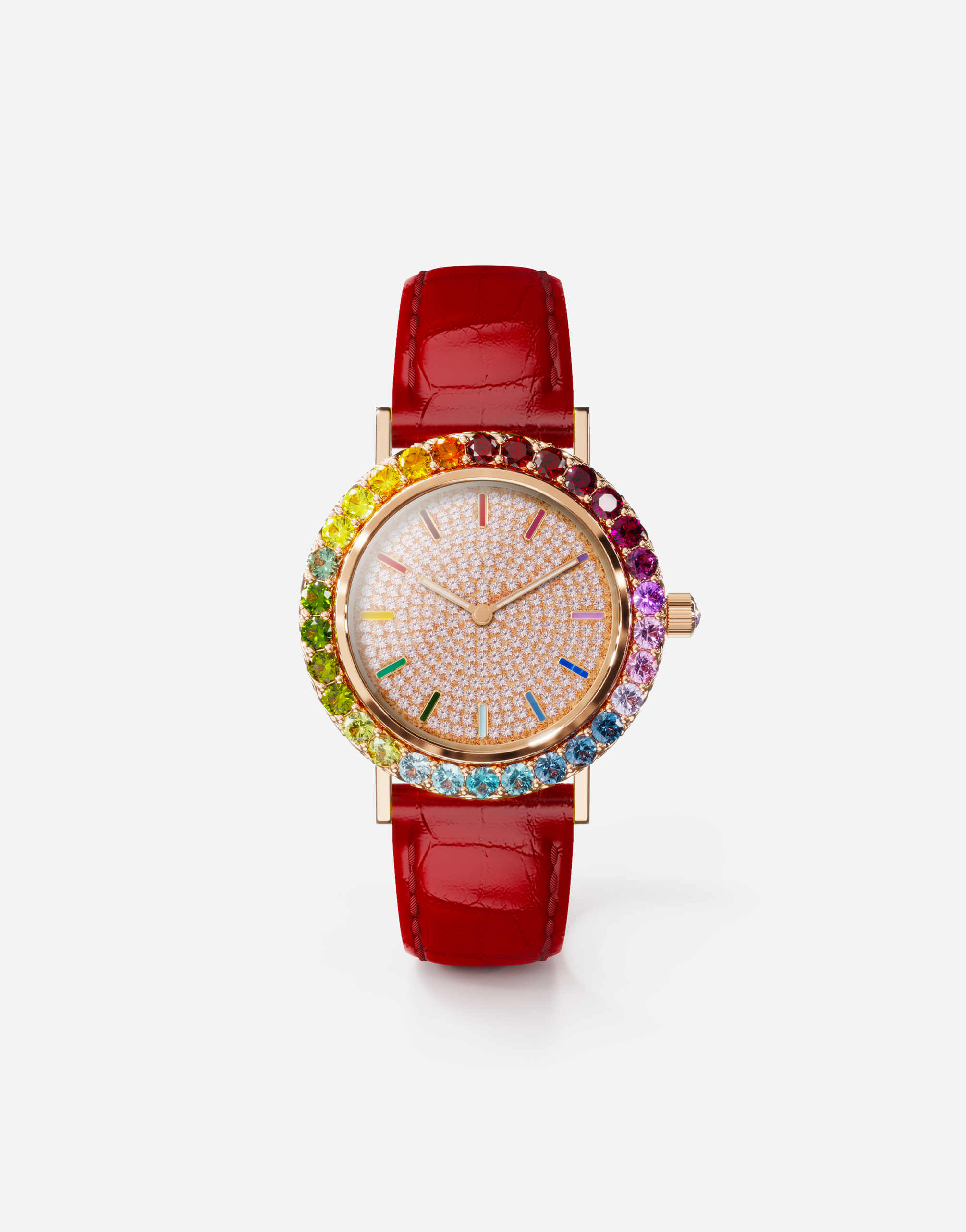 Iris watch in rose gold with multi-colored fine gems and diamonds in Red