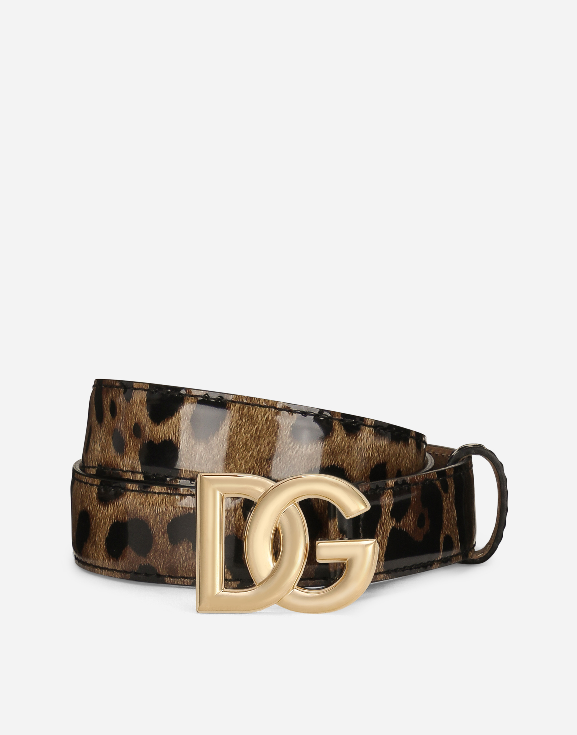 KIM DOLCE&GABBANA Leopard-print glossy calfskin belt with DG logo in Animal Print