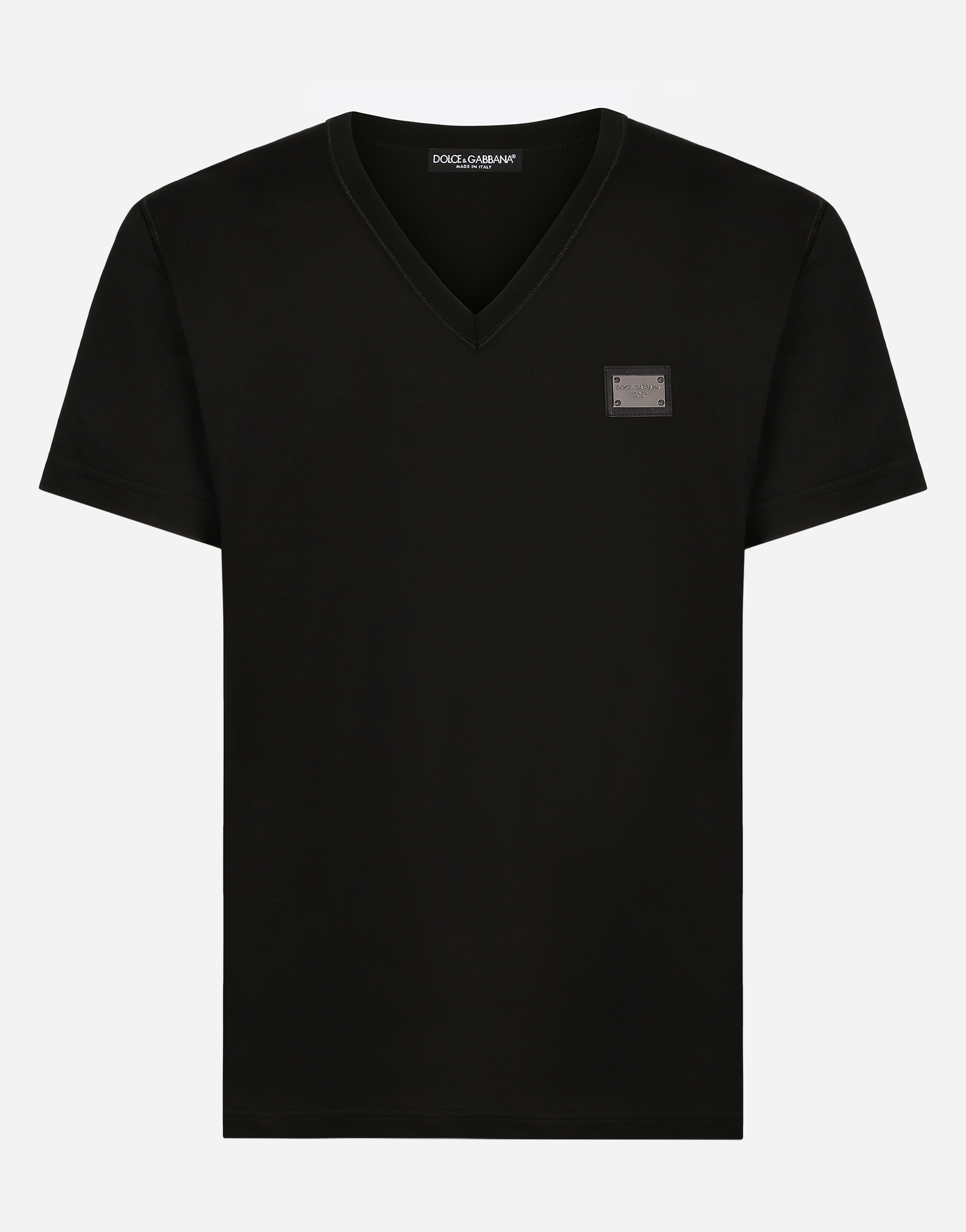 Cotton V-neck T-shirt with branded tag in Black