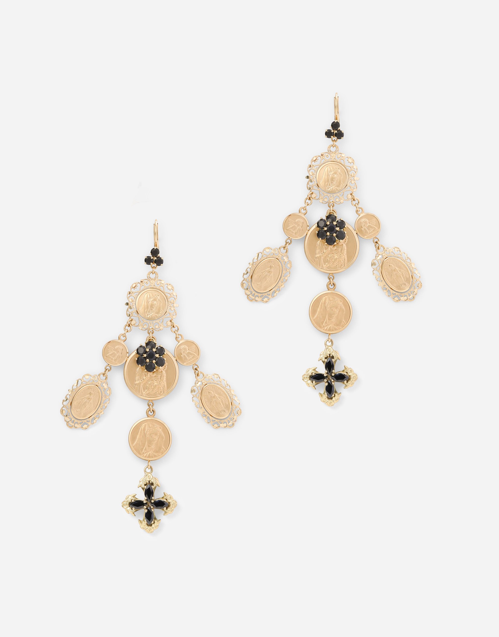 Yellow gold Sicily earrings with medals and cross pendants in Gold