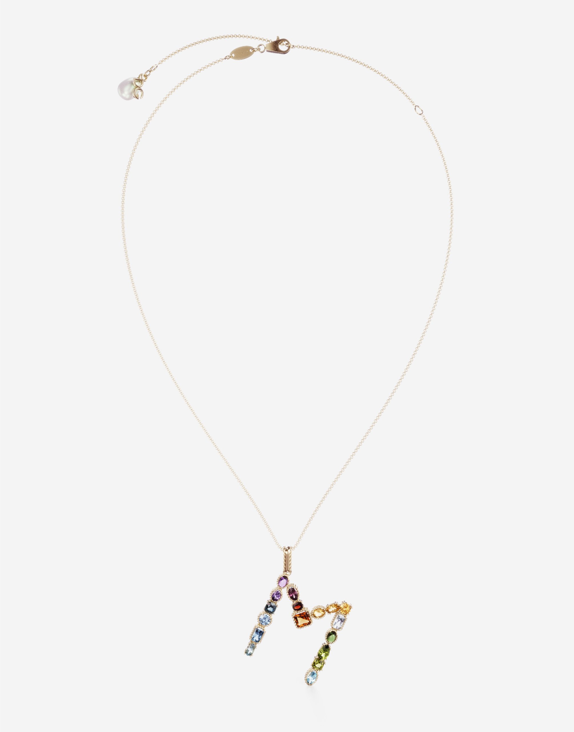 Rainbow alphabet M pendant in yellow gold with multicolor fine gems in Gold