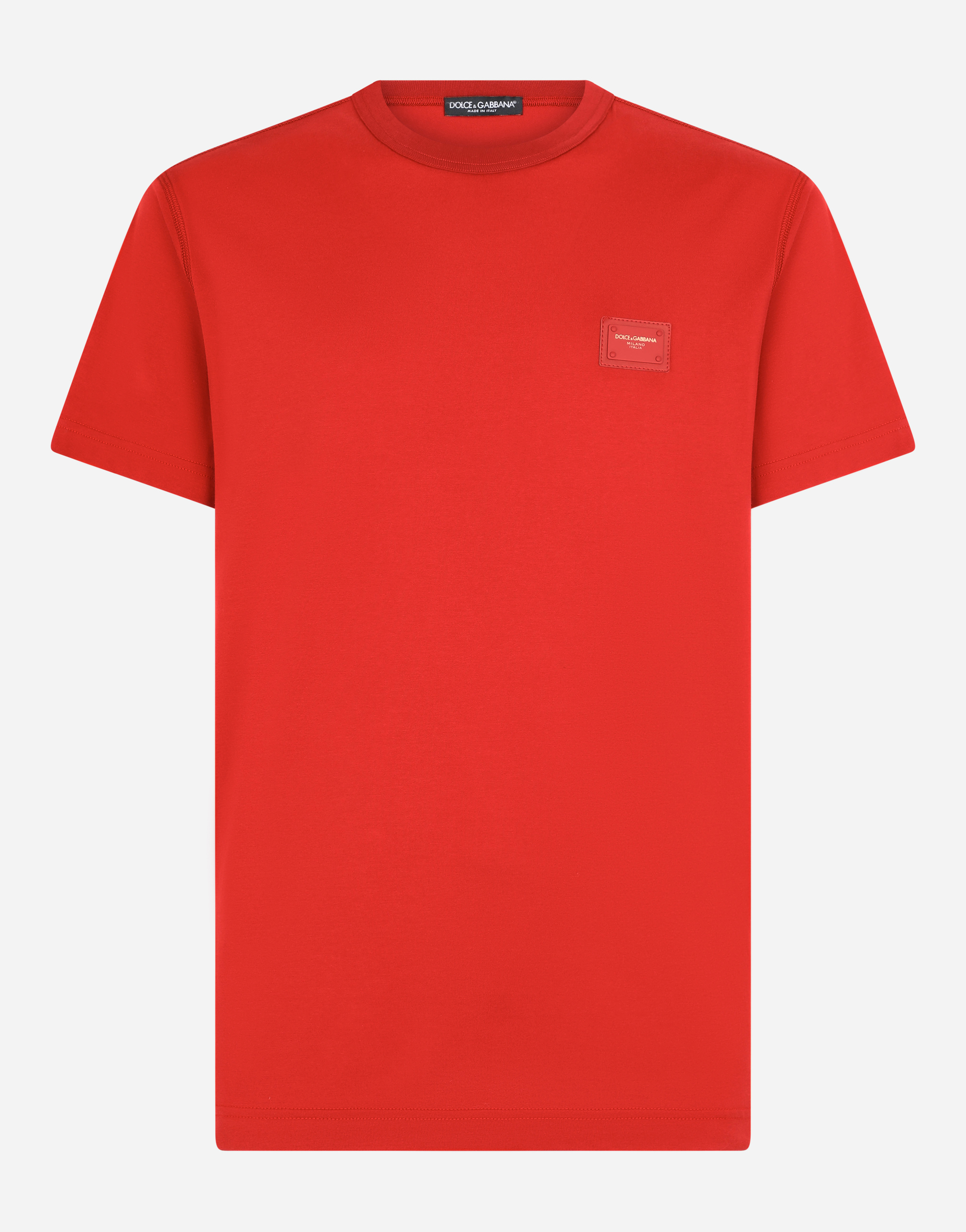 Cotton t-shirt with logoed plaque in Red