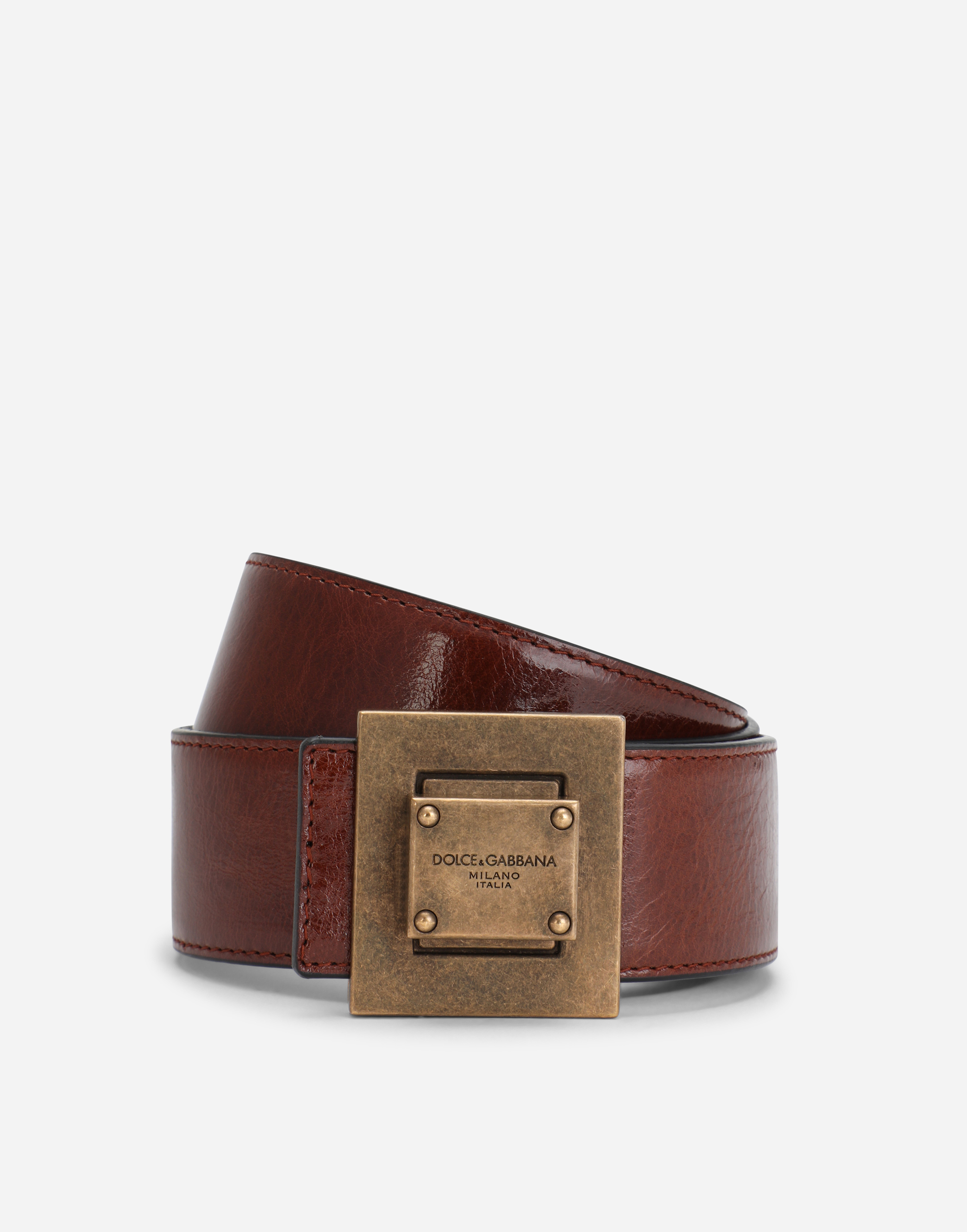 Mino calfskin belt with branded buckle in Brown