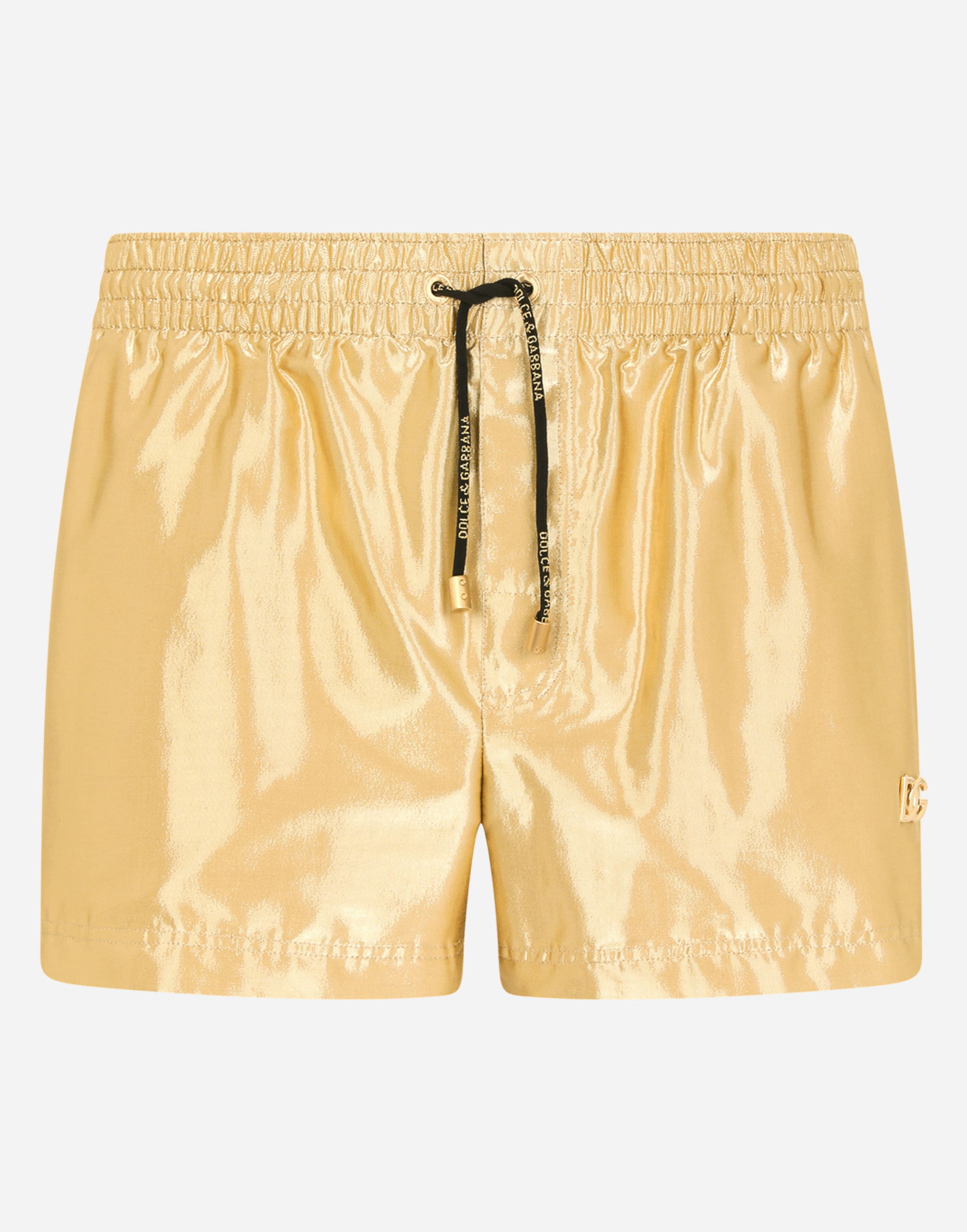 Short swim trunks with metal DG logo in Gold