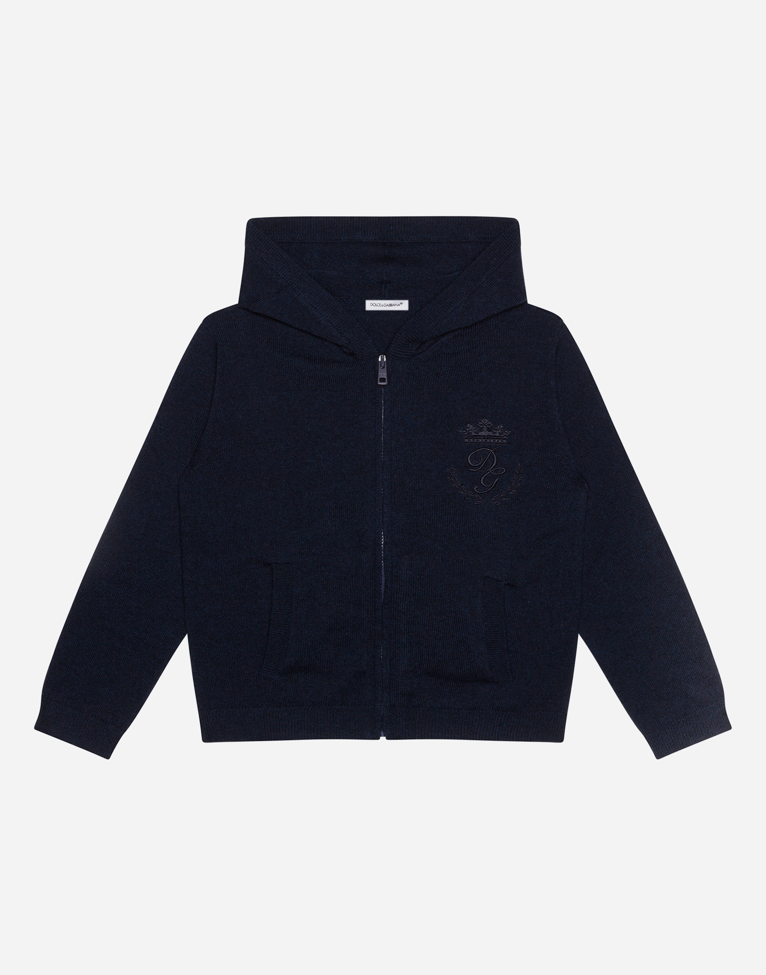 Hooded cashmere sweater with heritage embroidery in Blue