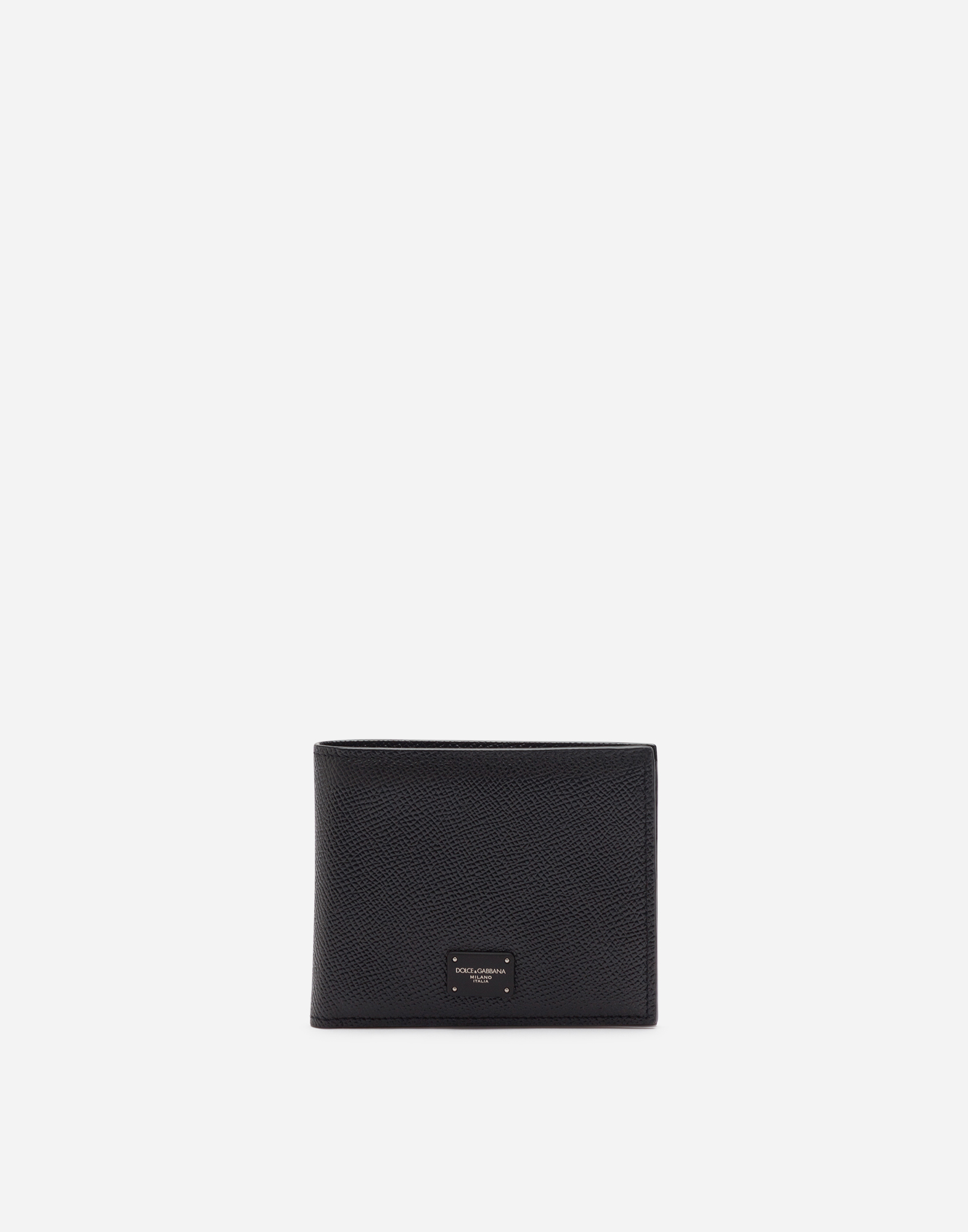 Dauphine calfskin bifold wallet with logo plaque in Black