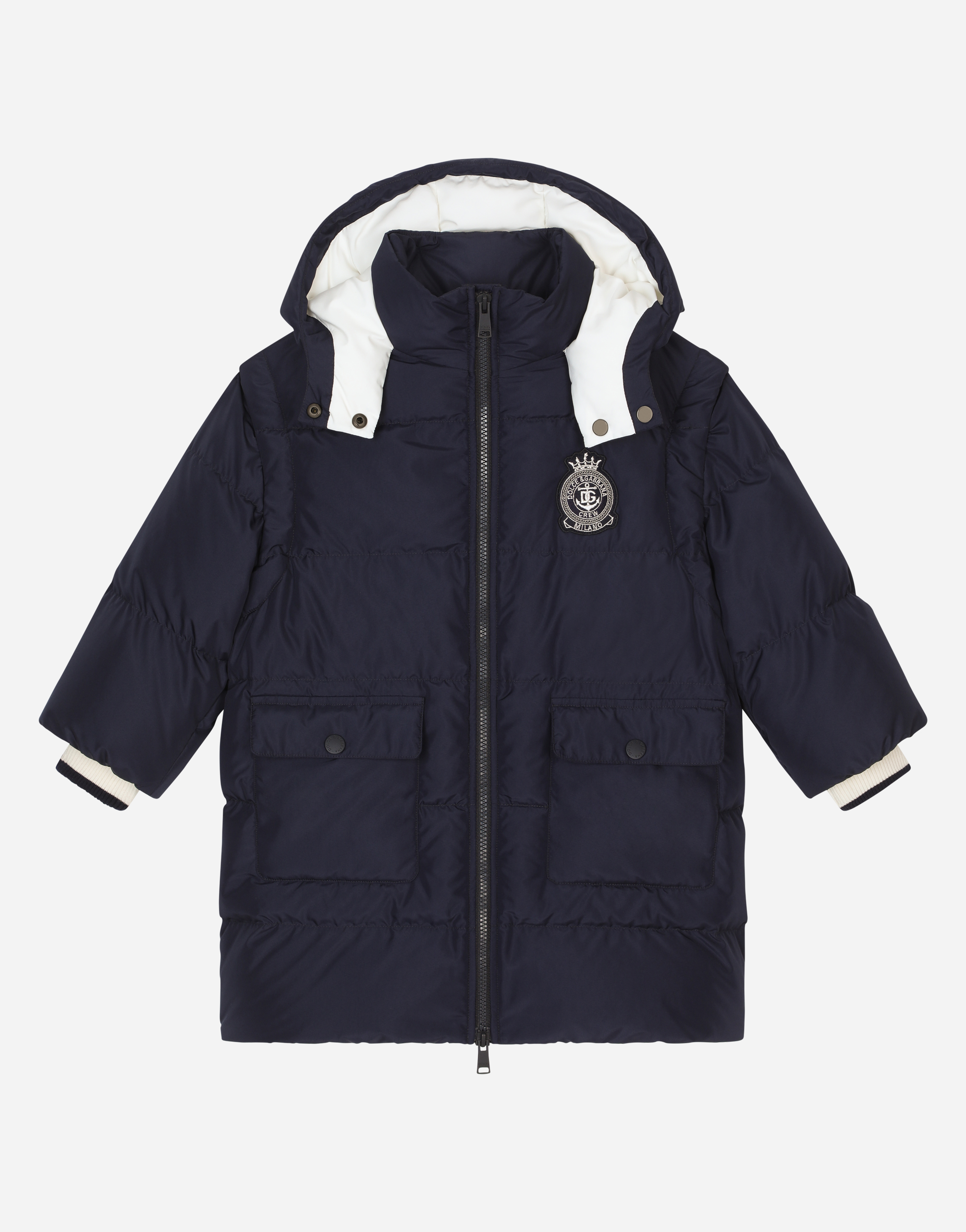 Long nylon down jacket with DG crew patch in Blue