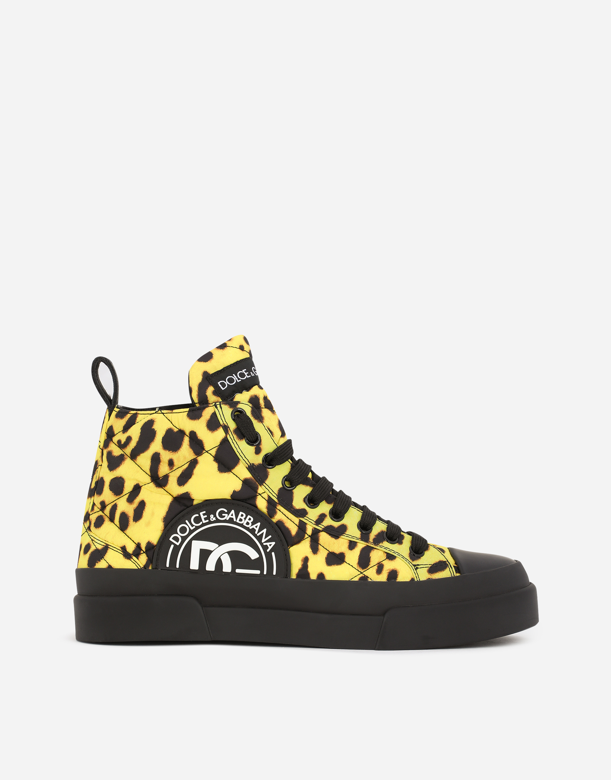 Quilted nylon Portofino Light mid-top sneakers with yellow leopard print in Multicolor