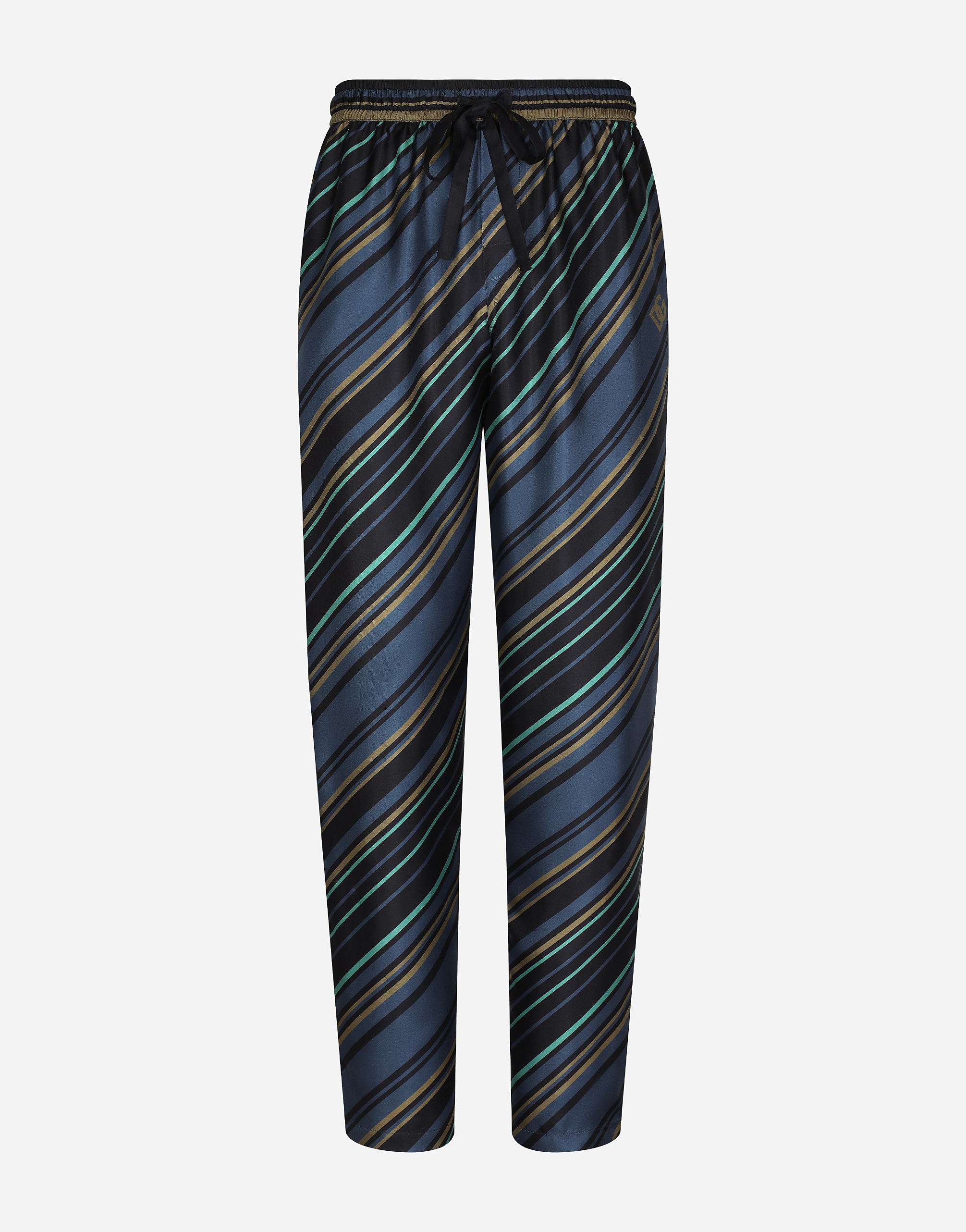Dolce & Gabbana Silk Jogging Pants With Dg Embroidered Patch In Fld Righe Diag B Blu